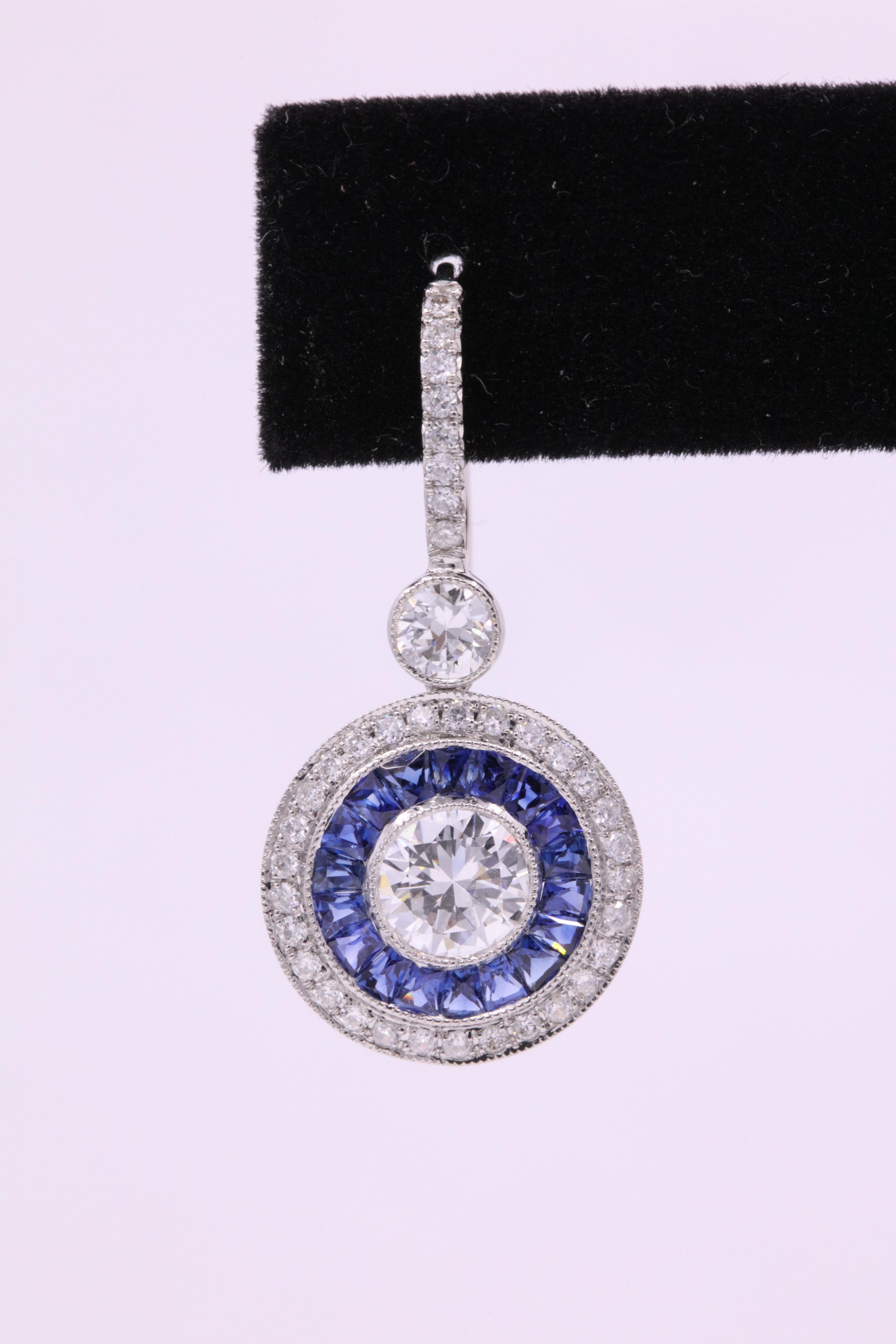 Art Deco Style Sapphire Diamond Drop Earrings 4.15 Carat Platinum In New Condition In New York, NY