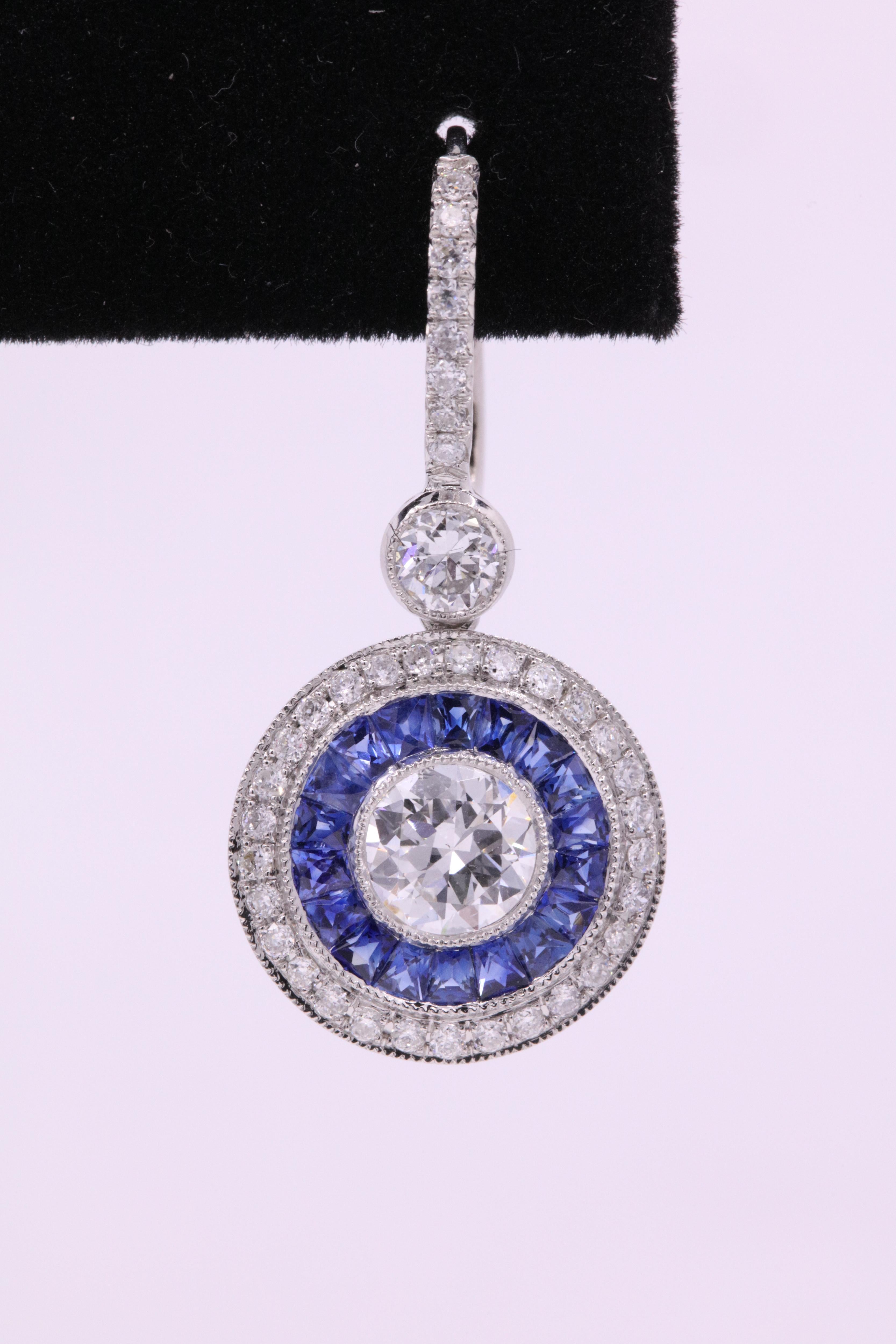 Women's Art Deco Style Sapphire Diamond Drop Earrings 4.15 Carat Platinum