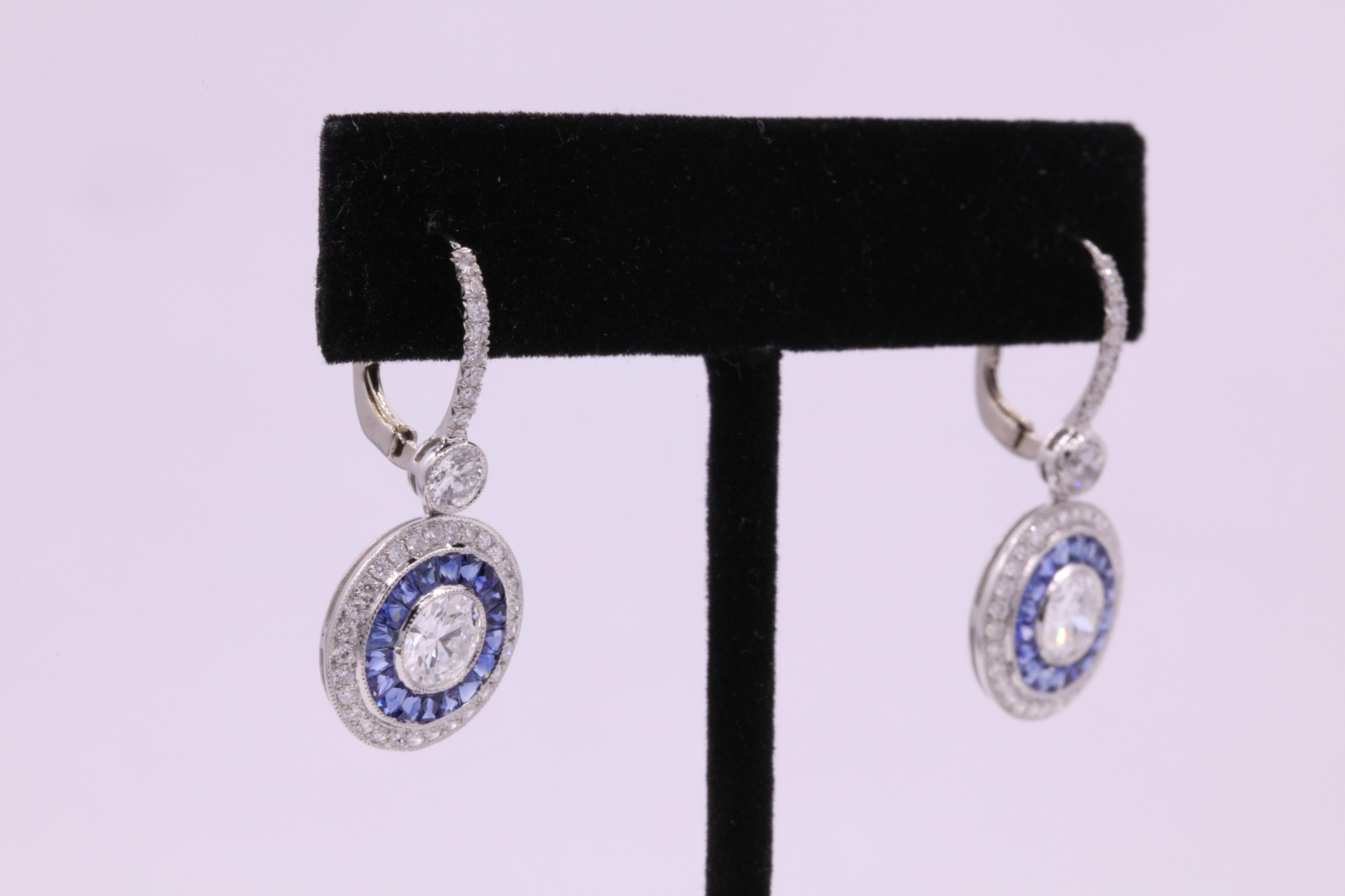 Art Deco Style Sapphire Diamond Drop Earrings 4.15 Carat Platinum 1