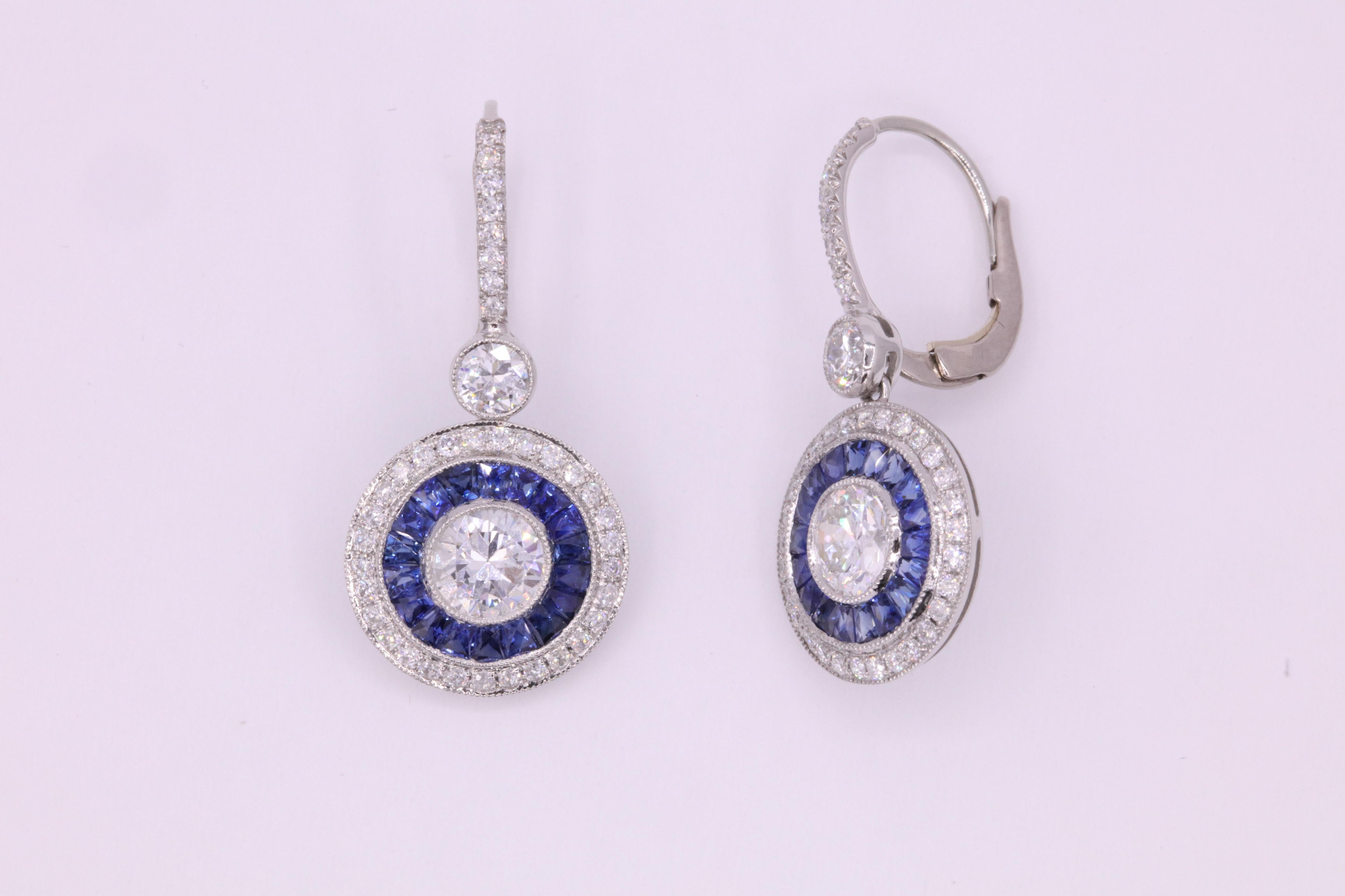 Art Deco Style Sapphire Diamond Drop Earrings 4.15 Carat Platinum 2