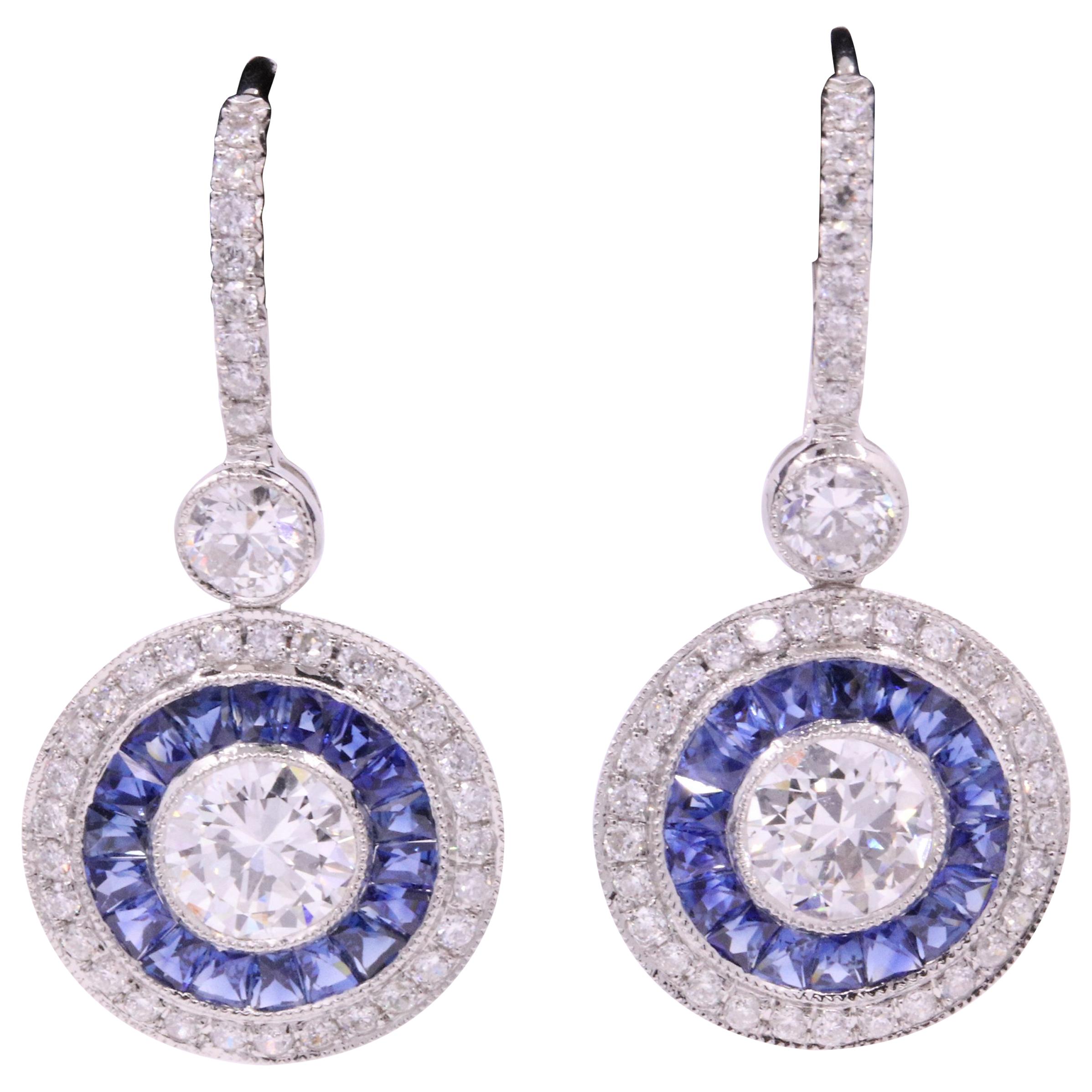 Art Deco Style Sapphire Diamond Drop Earrings 4.15 Carat Platinum