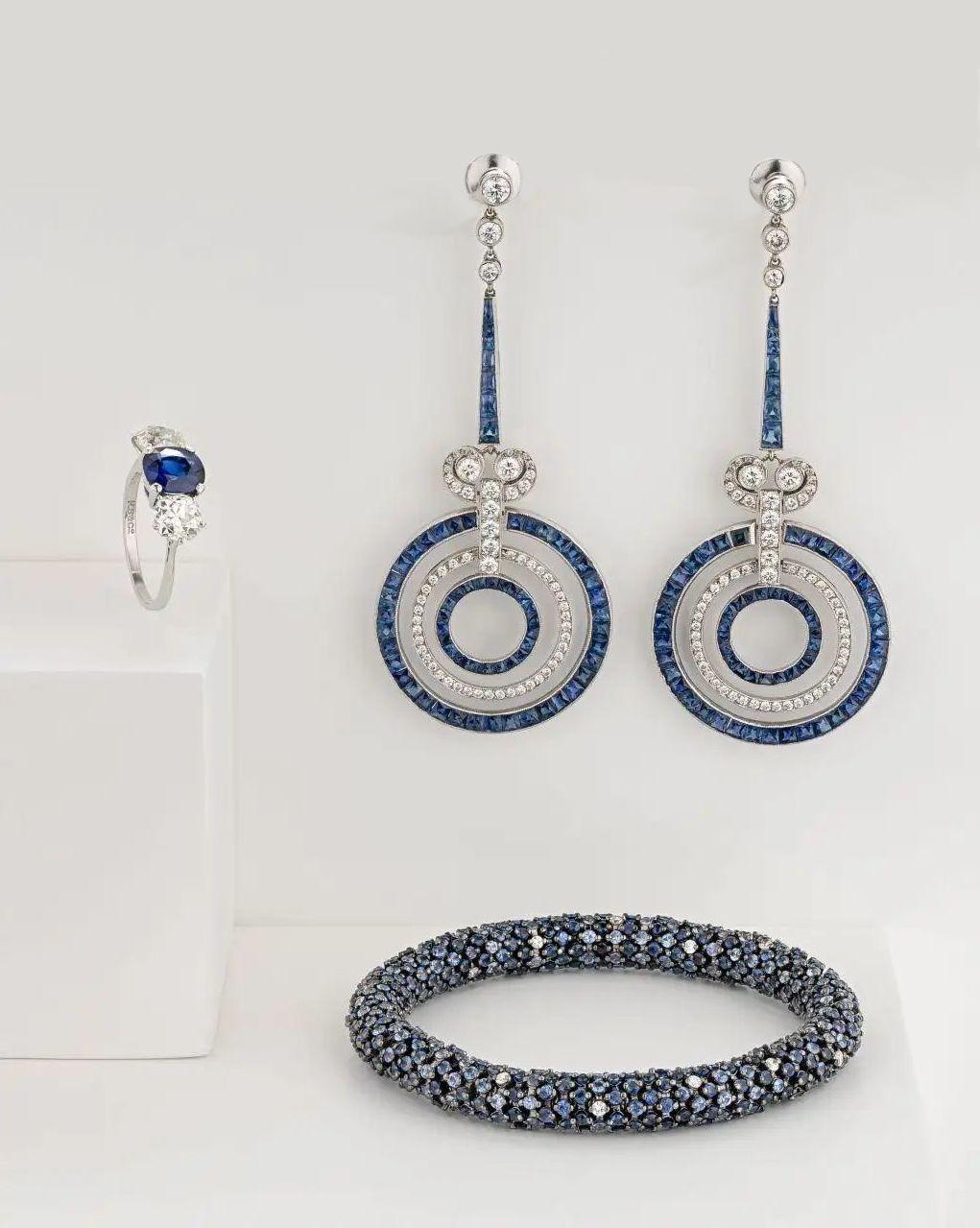 Art Deco Style Sapphire Diamond Platinum Earrings For Sale 5