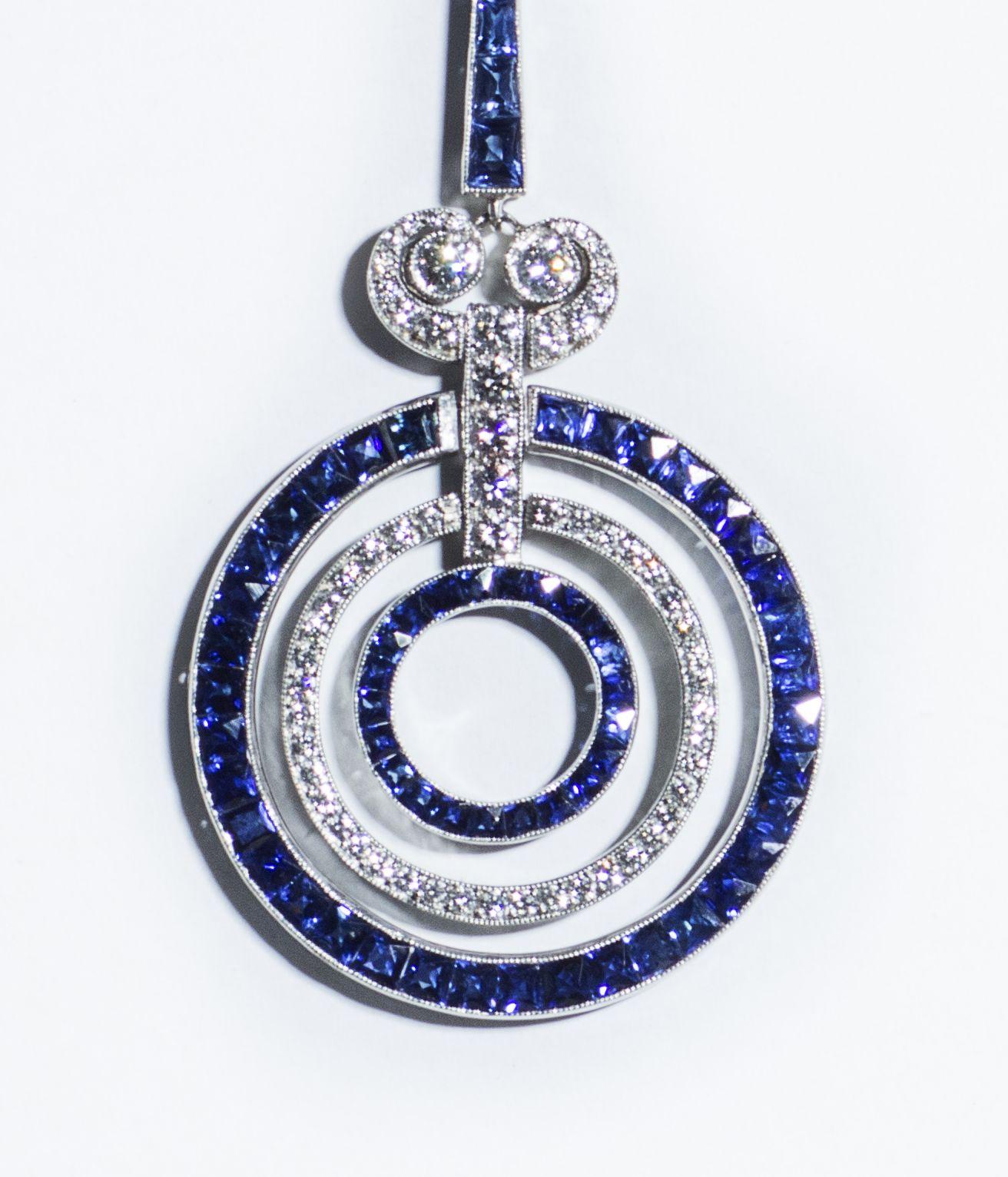 Old European Cut Art Deco Style Sapphire Diamond Platinum Earrings For Sale