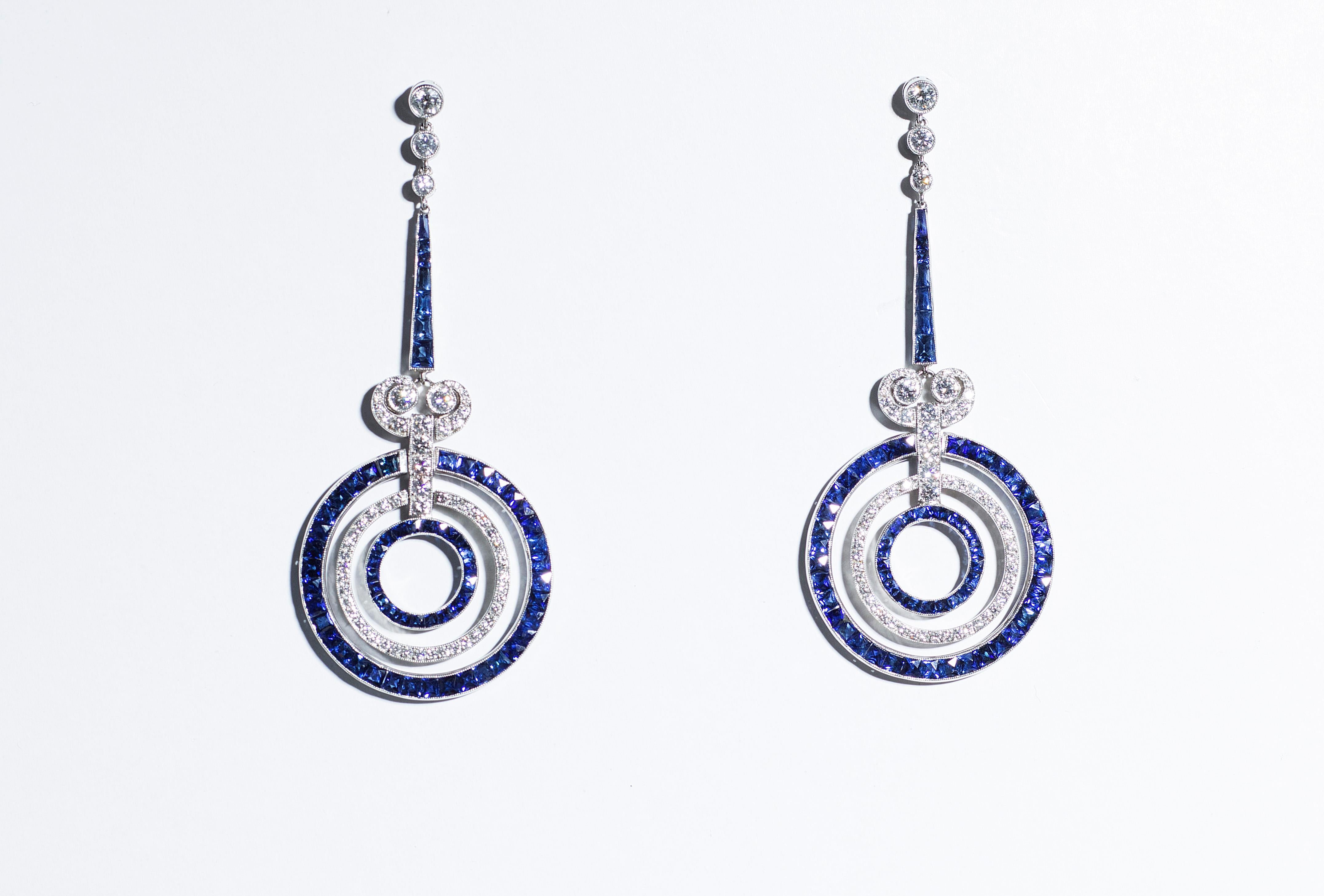 Women's Art Deco Style Sapphire Diamond Platinum Earrings For Sale