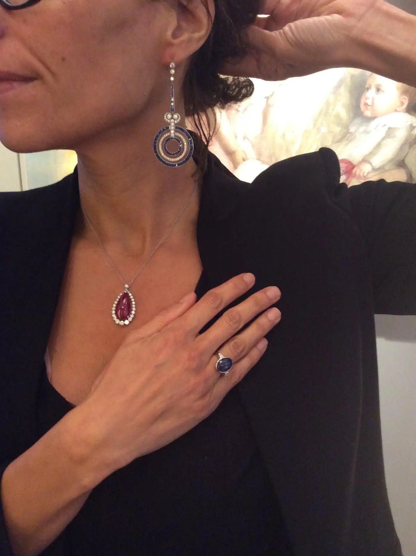 Art Deco Style Sapphire Diamond Platinum Earrings For Sale 2