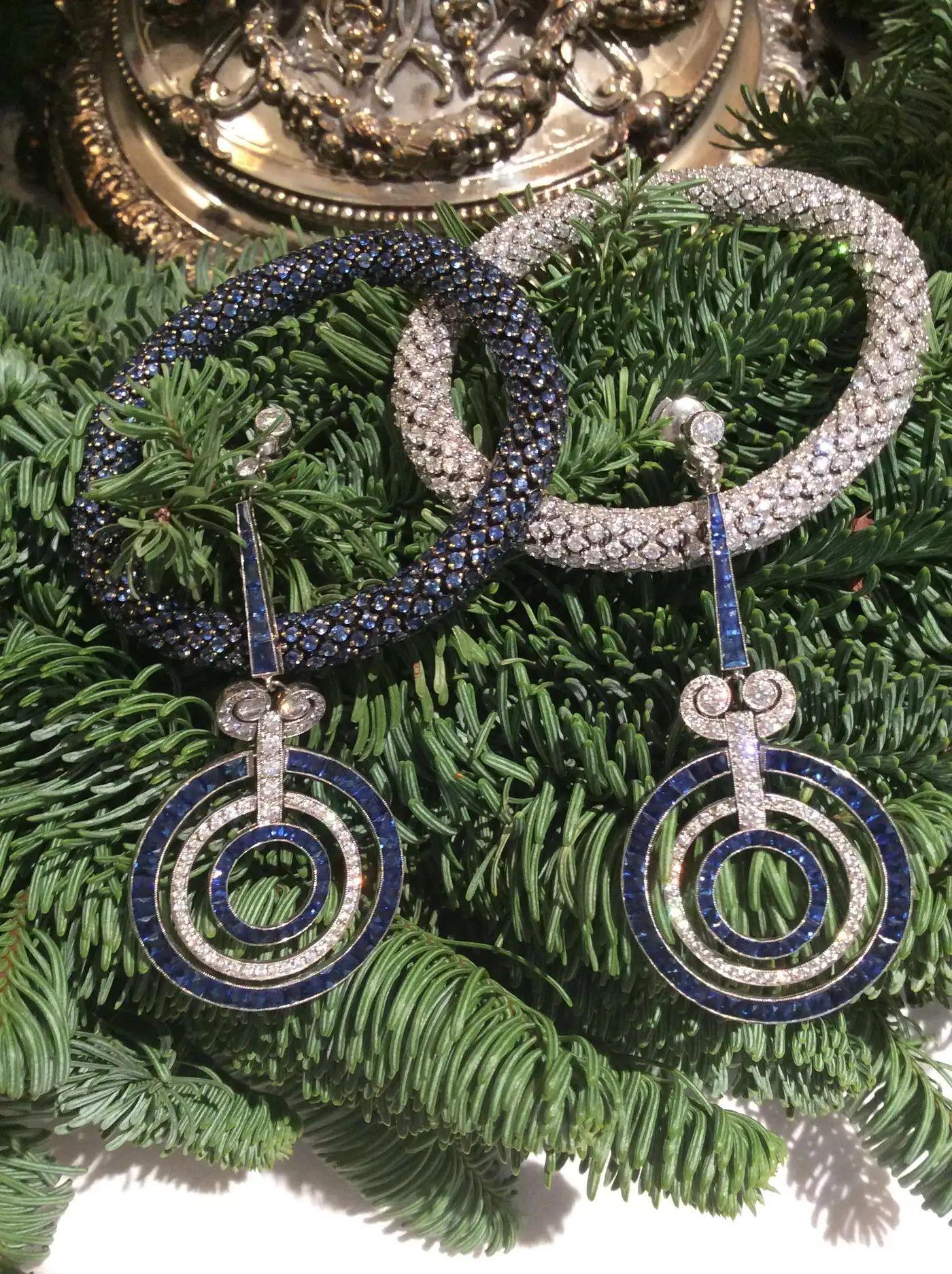 Art Deco Style Sapphire Diamond Platinum Earrings For Sale 3