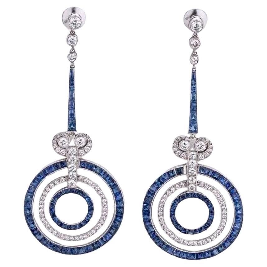 Art Deco Style Sapphire Diamond Platinum Earrings