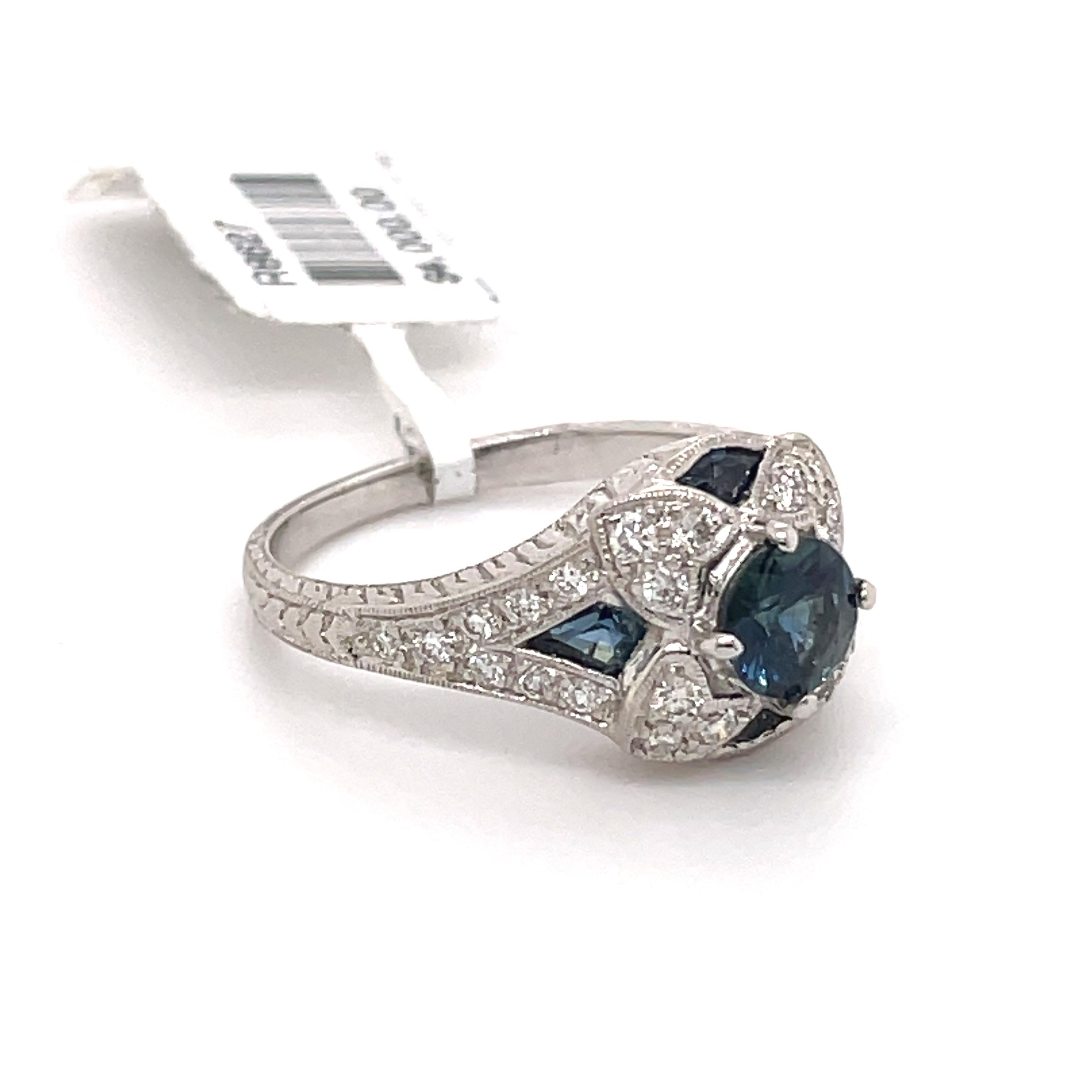 Round Cut Art Deco Style Sapphire & Diamond Ring 18 Karat White Gold