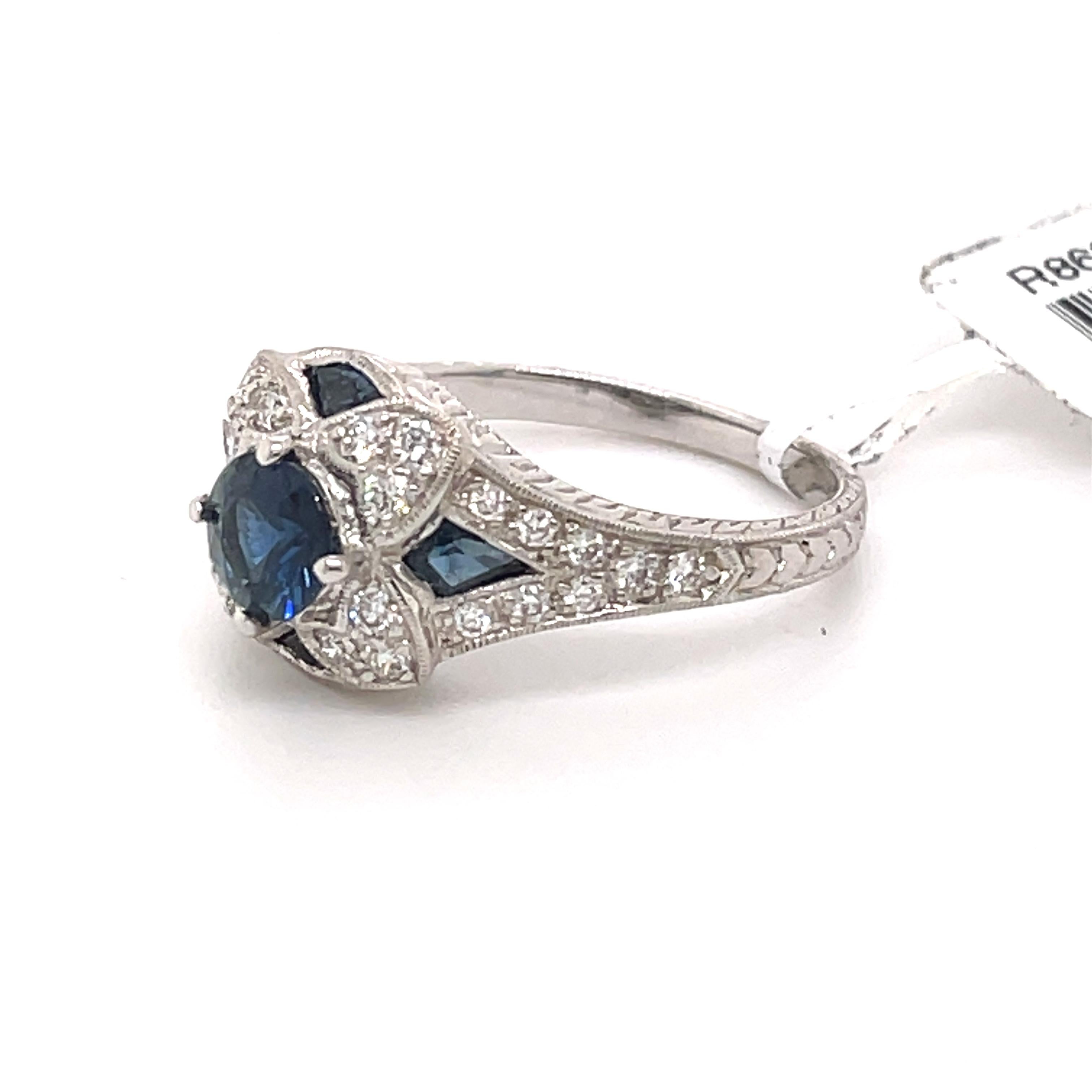 Art Deco Style Sapphire & Diamond Ring 18 Karat White Gold In New Condition In BEVERLY HILLS, CA