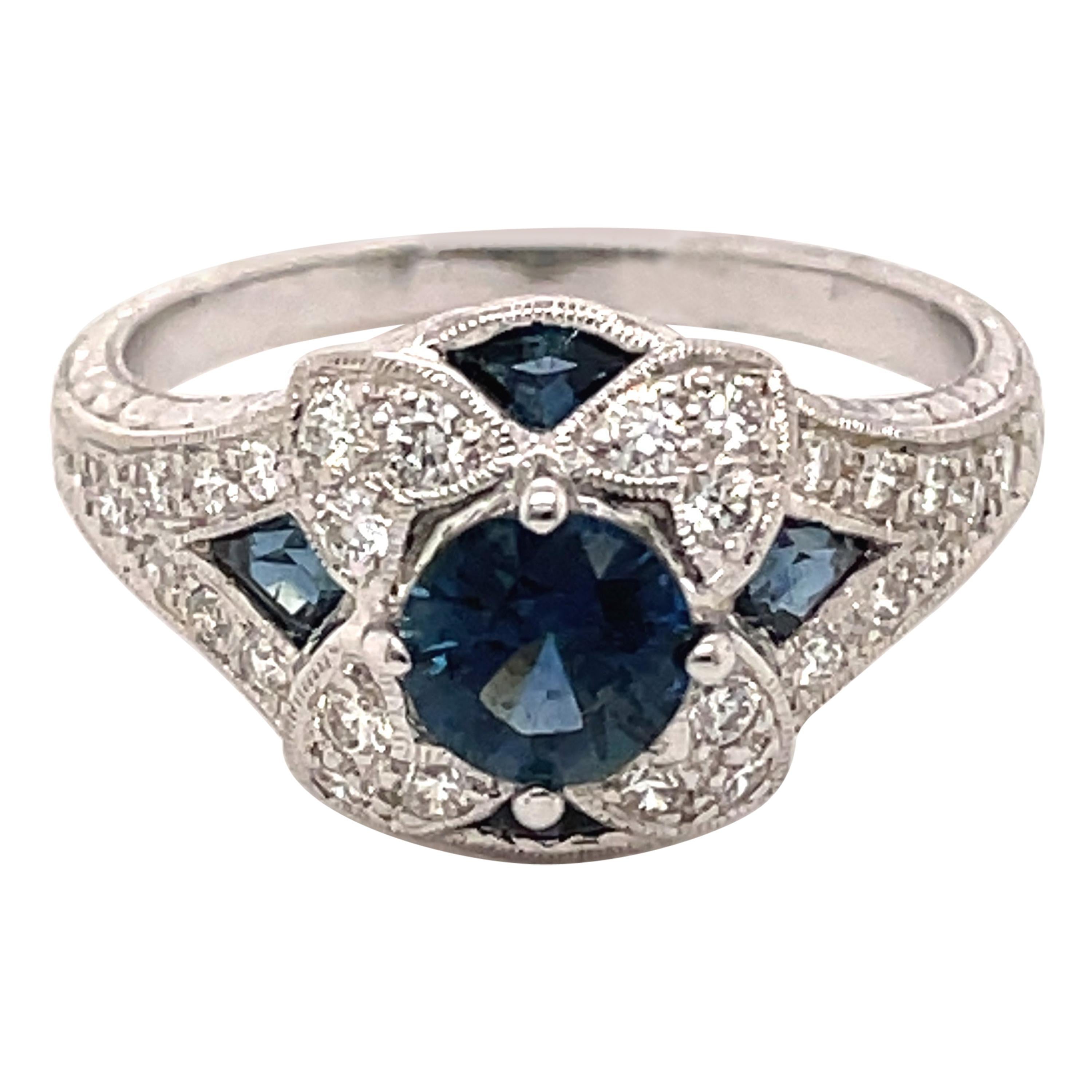 Art Deco Style Sapphire & Diamond Ring 18 Karat White Gold