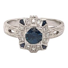 Art Deco Style Sapphire 
Diamond Ring 18 Karat White Gold