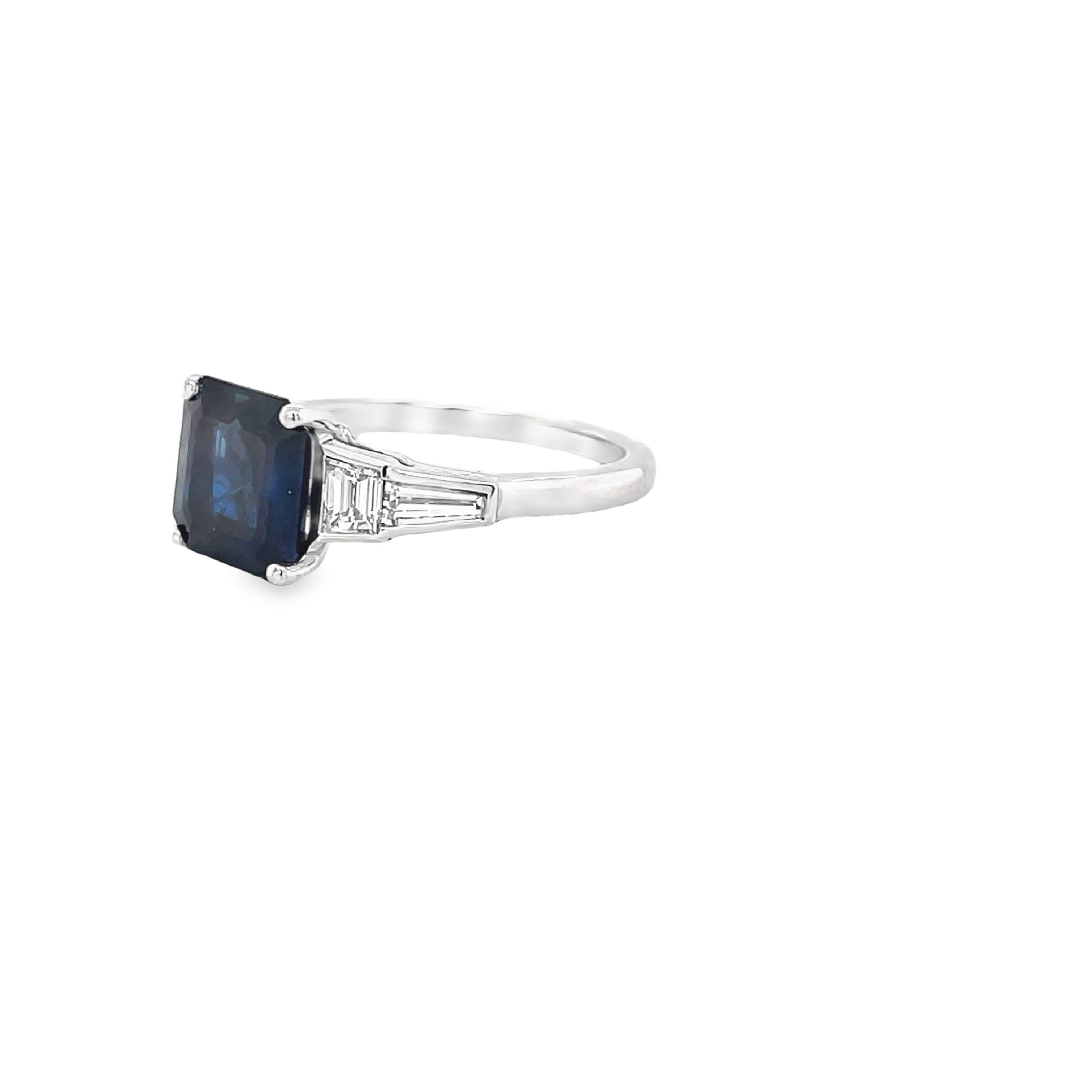 Emerald Cut Art Deco Style Sapphire & Diamond Ring in 18K White Gold For Sale