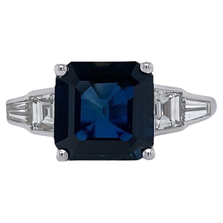 Art Deco Style Sapphire & Diamond Ring in 18K White Gold For Sale