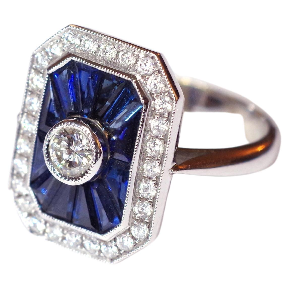 Art Deco style sapphire diamond ring in white gold 18 karats For Sale
