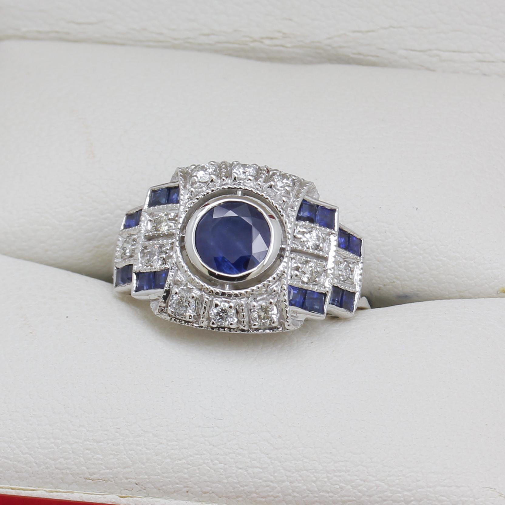 Round Cut Art Deco Style, Sapphire & Diamond Ring, New For Sale