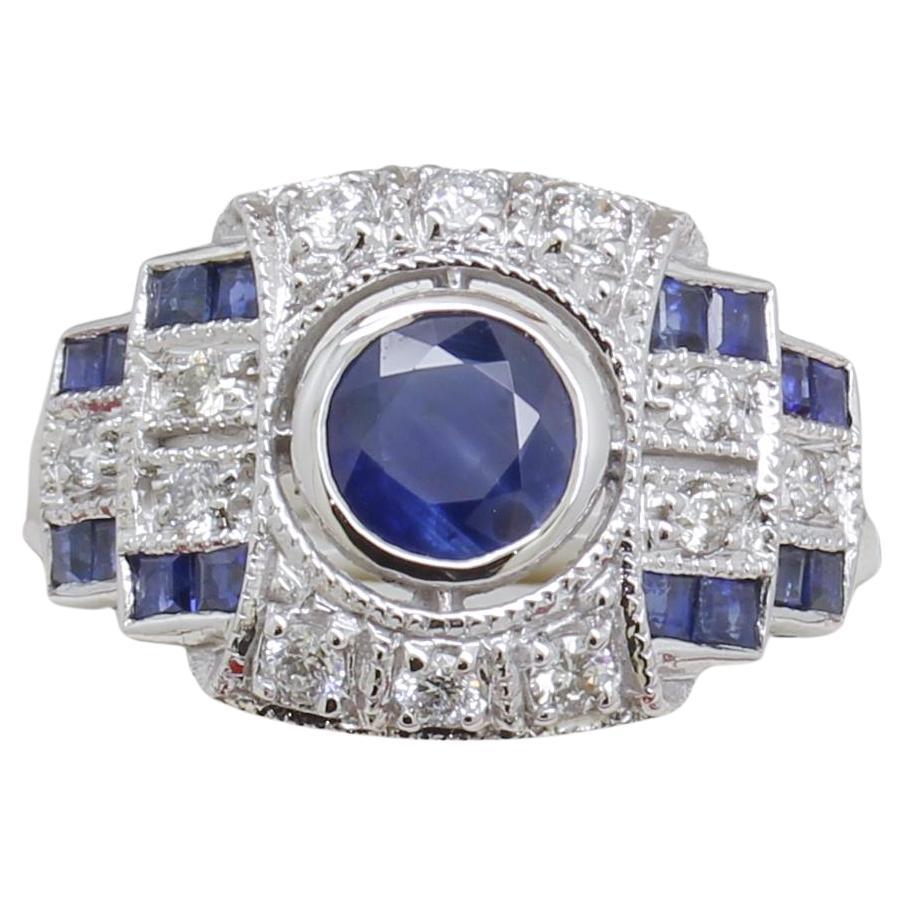 Ring im Art-Déco-Stil mit Saphiren und Diamanten, neu