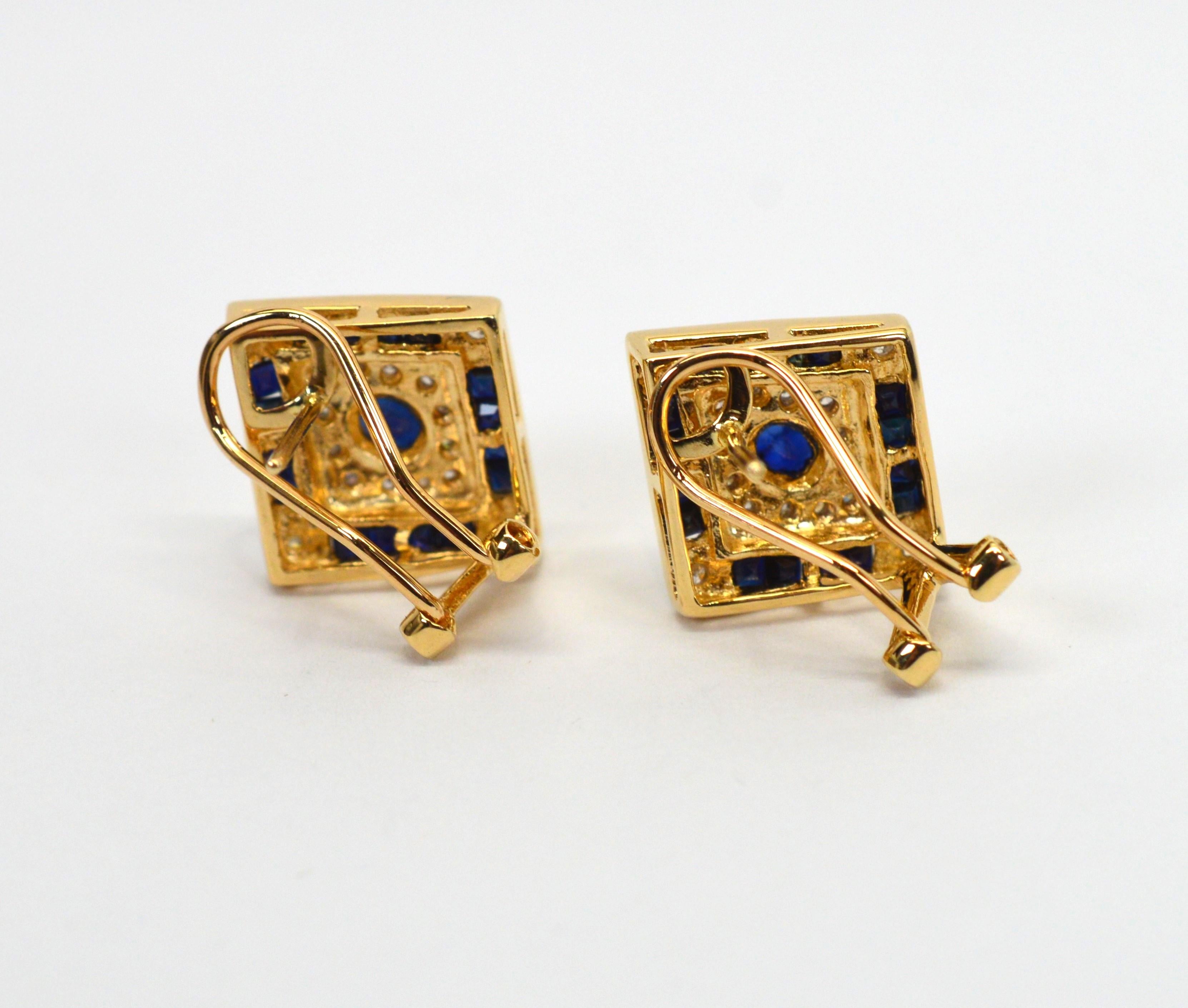 Art Deco Style Sapphire Diamond Stud Earrings  In Good Condition For Sale In Mount Kisco, NY