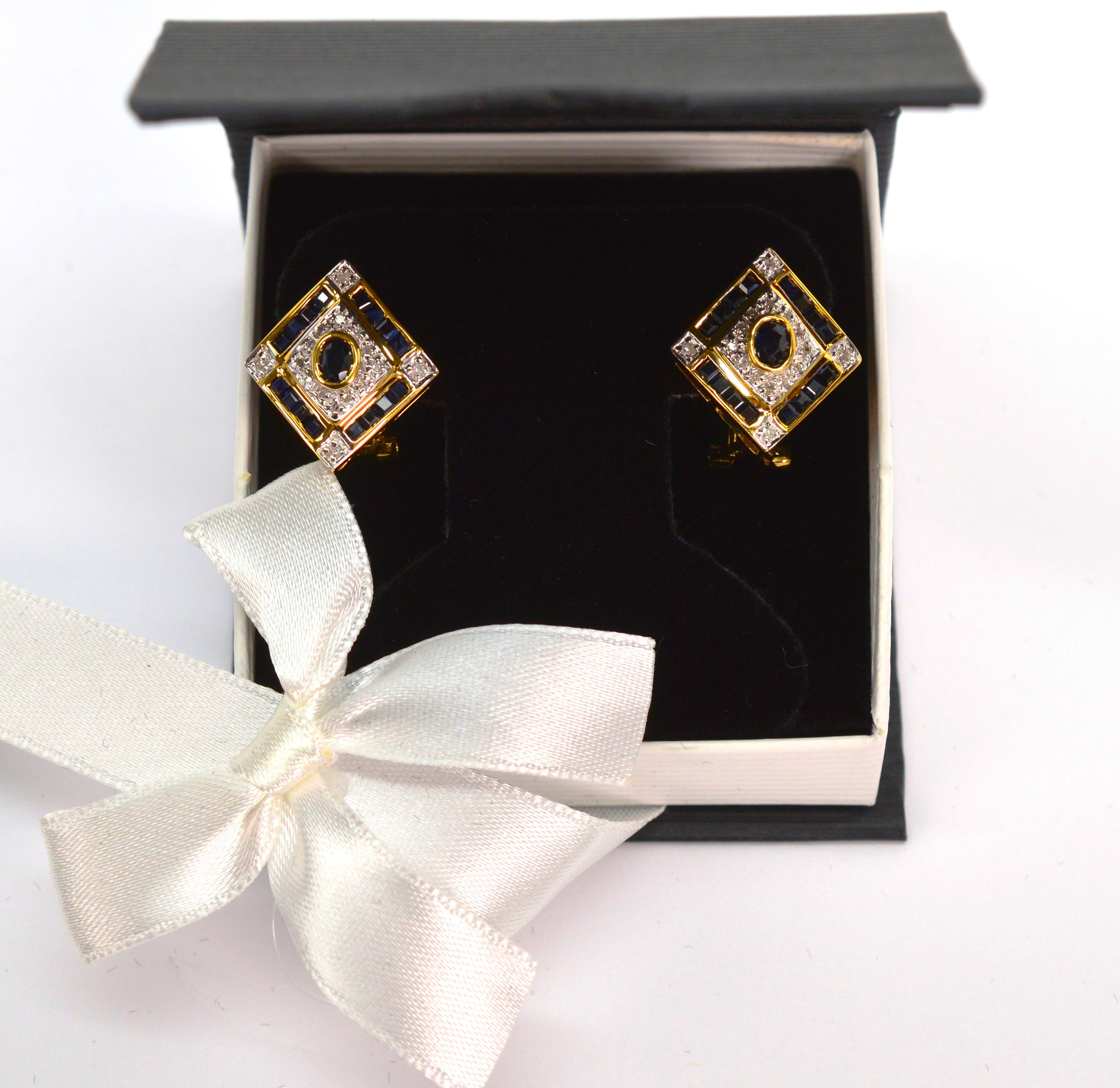 Art Deco Style Sapphire Diamond Stud Earrings  For Sale 1