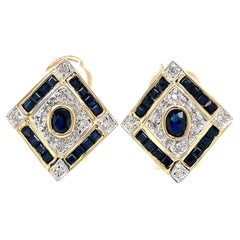 Retro Art Deco Style Sapphire Diamond Stud Earrings 