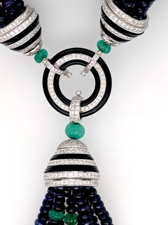 Art Deco Style Sapphire, Emerald, Onyx and Diamond Necklace