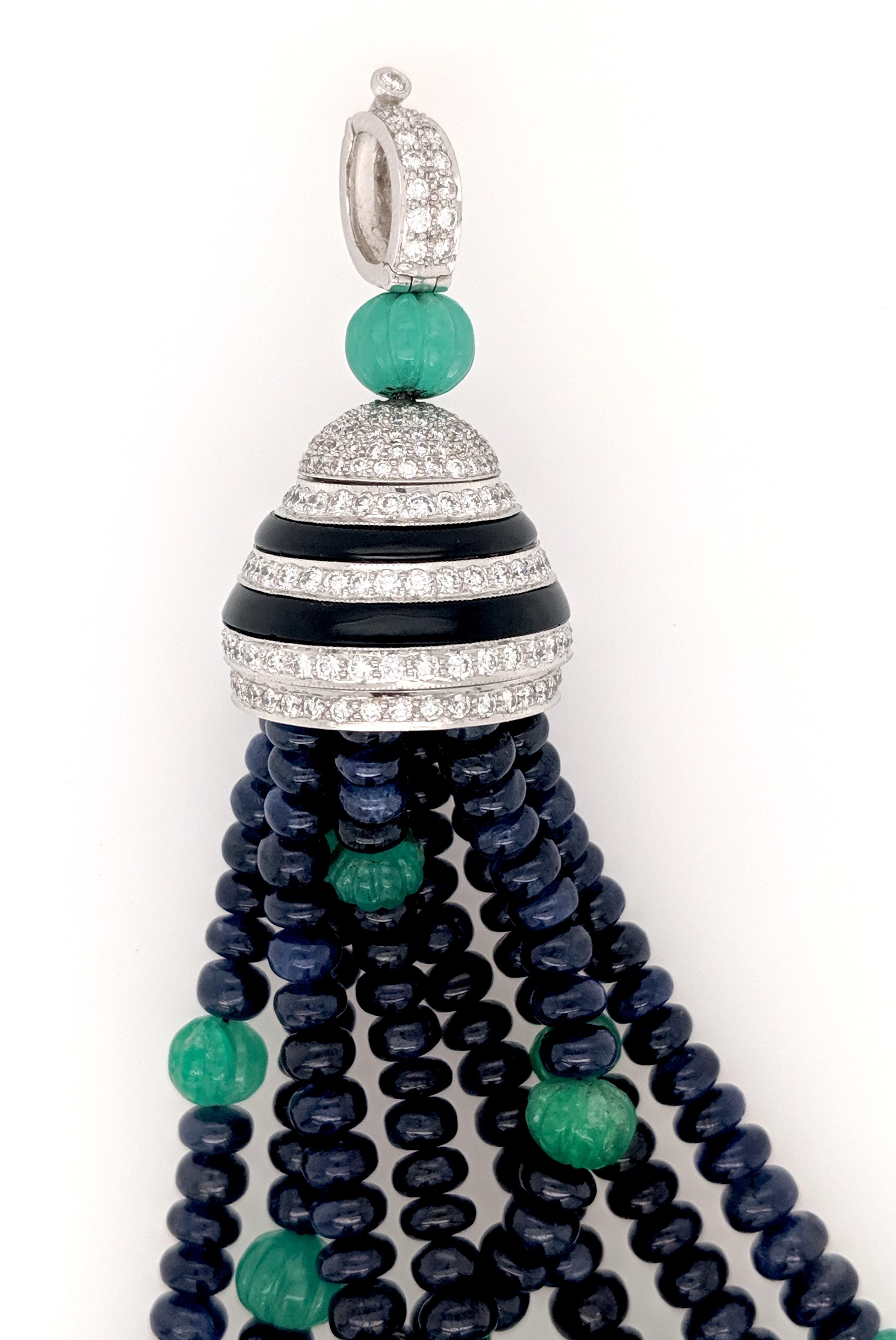 Art Deco Style Sapphire, Emerald, Onyx and Diamond Necklace 1