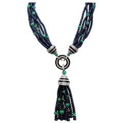 Art Deco Style Sapphire, Emerald, Onyx and Diamond Necklace