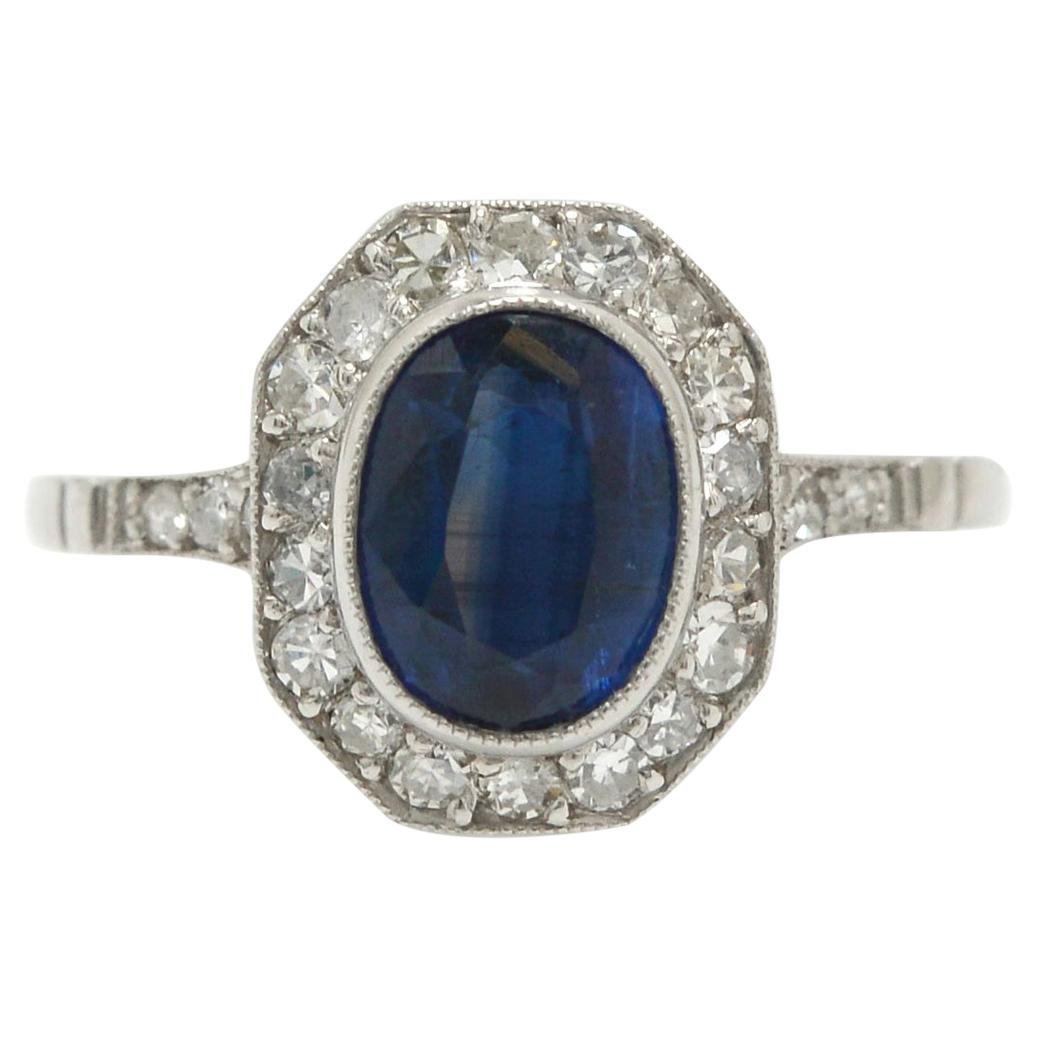 Art Deco Style Sapphire Engagement Ring 1.66 Carat Oval Octagon Diamond Halo
