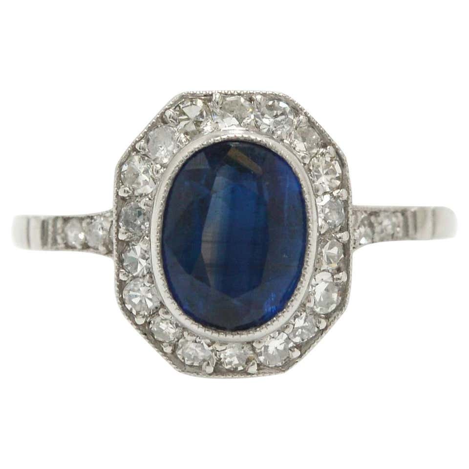 Art Deco Style Sapphire Engagement Ring 1.66 Carat Oval Octagon Diamond ...