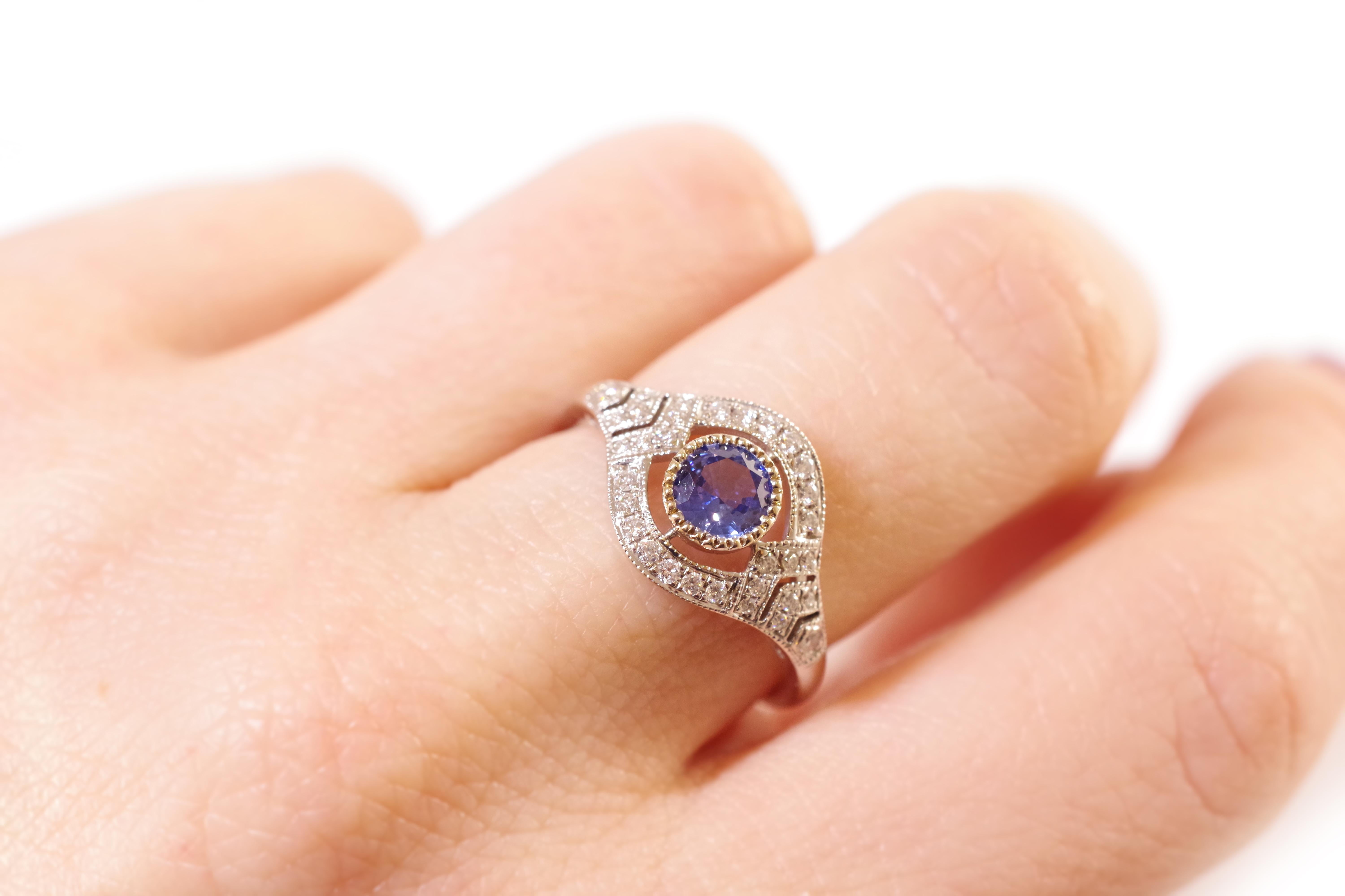 Art Deco Style Sapphire Ring in White Gold 18k, Wedding Ring For Sale 1