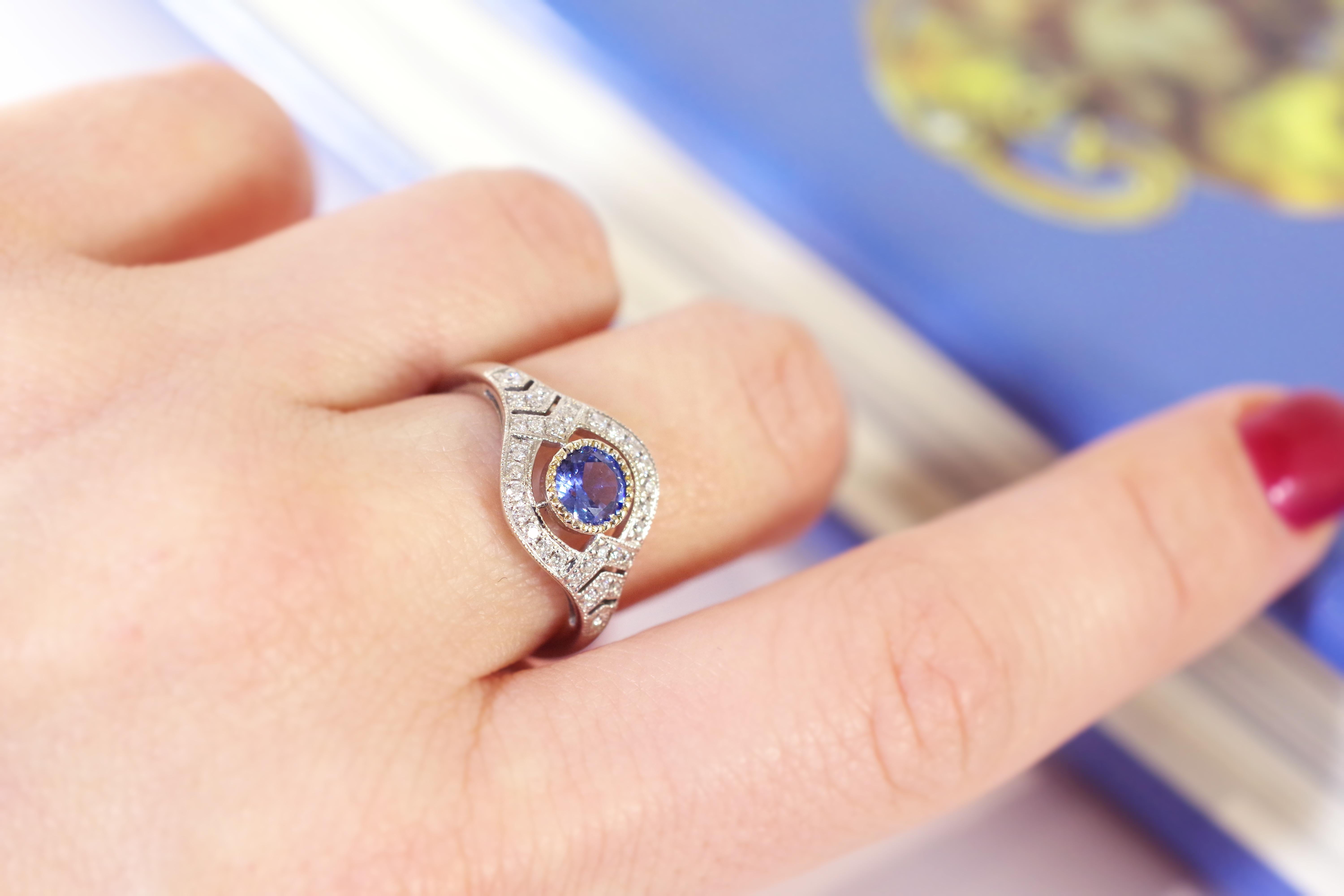 Art Deco Style Sapphire Ring in White Gold 18k, Wedding Ring For Sale 3