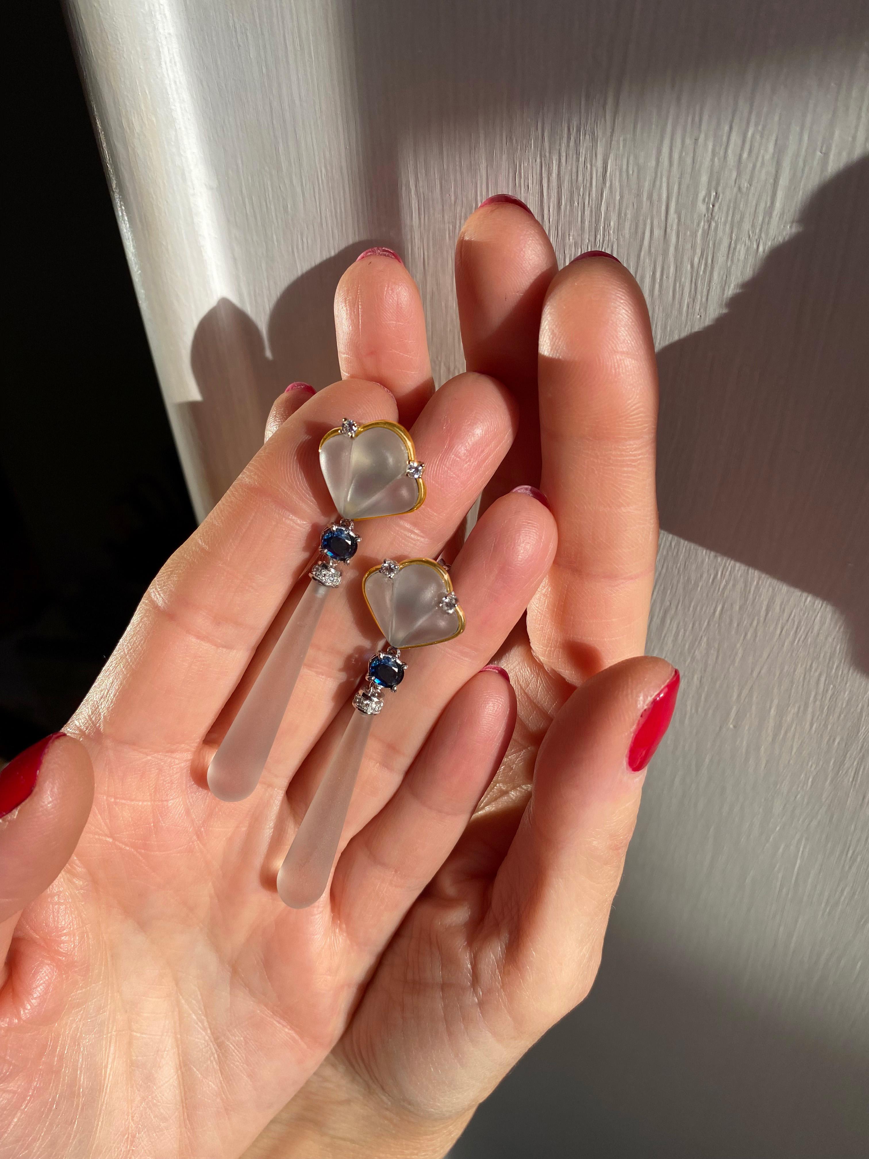 Boucle d'oreille en or jaune 18K de style Art Déco saphir blanc diamants cristal de roche Neuf - En vente à Rome, IT