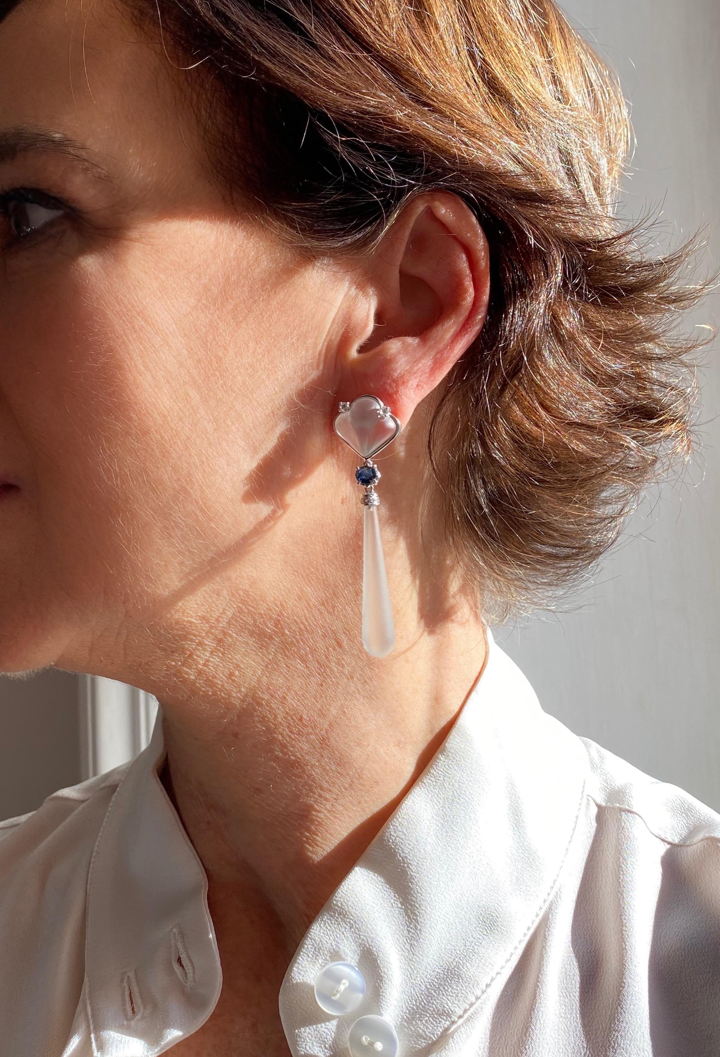 Boucle d'oreille en or jaune 18K de style Art Déco saphir blanc diamants cristal de roche Pour femmes en vente