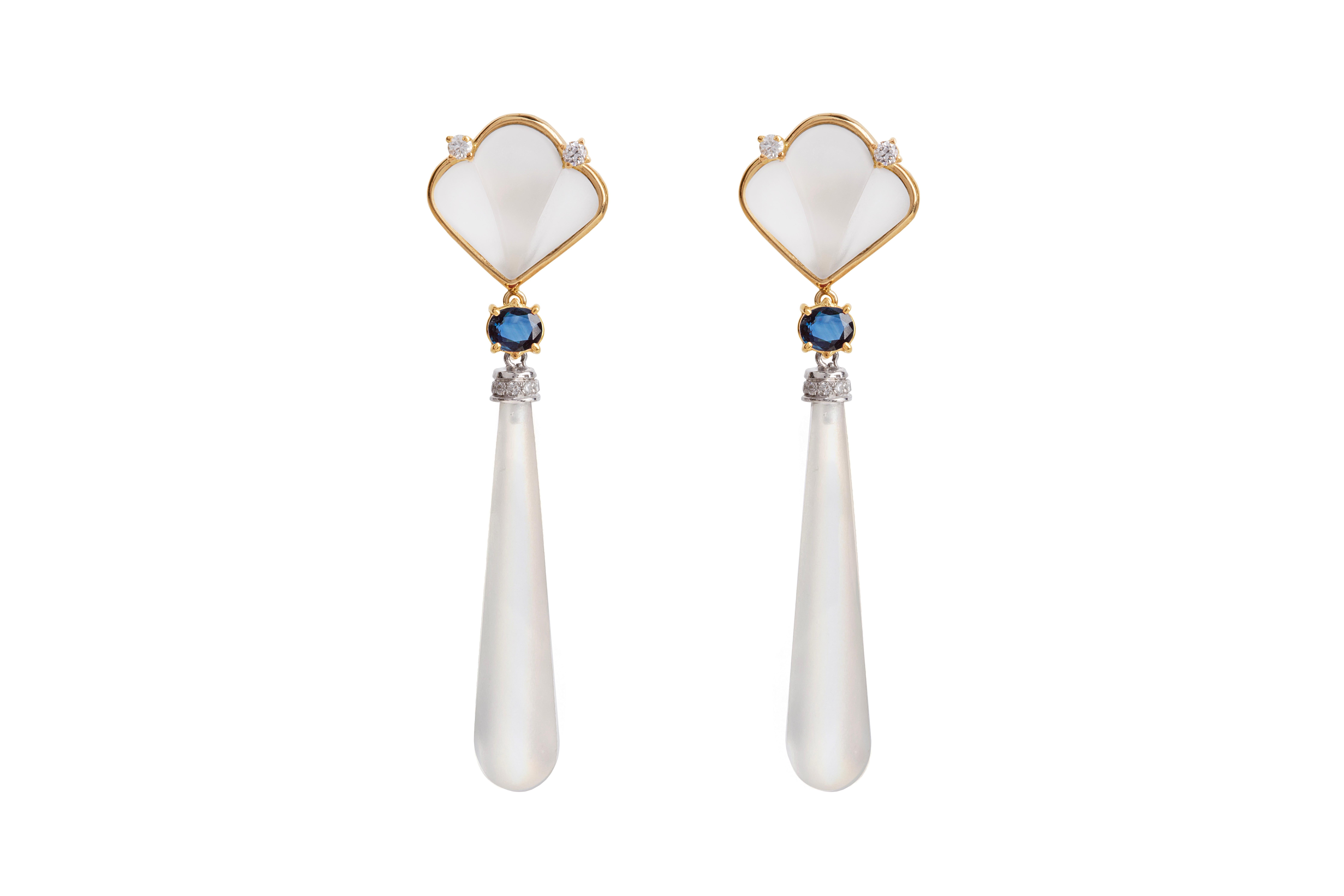 Boucle d'oreille en or jaune 18K de style Art Déco saphir blanc diamants cristal de roche en vente 2