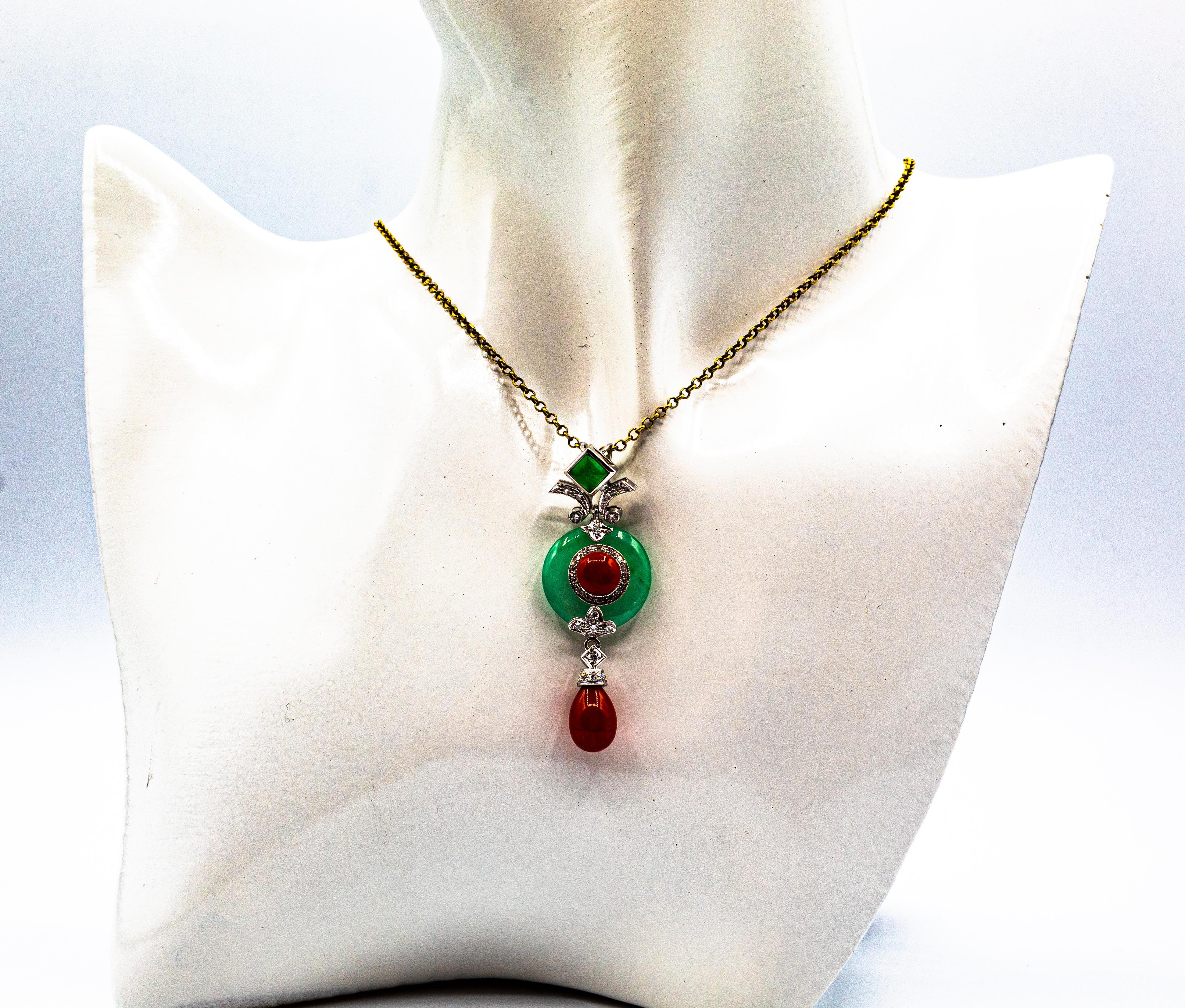 Art Deco Style Sardinia Red Coral White Diamond Jade White Gold Pendant Necklace 2