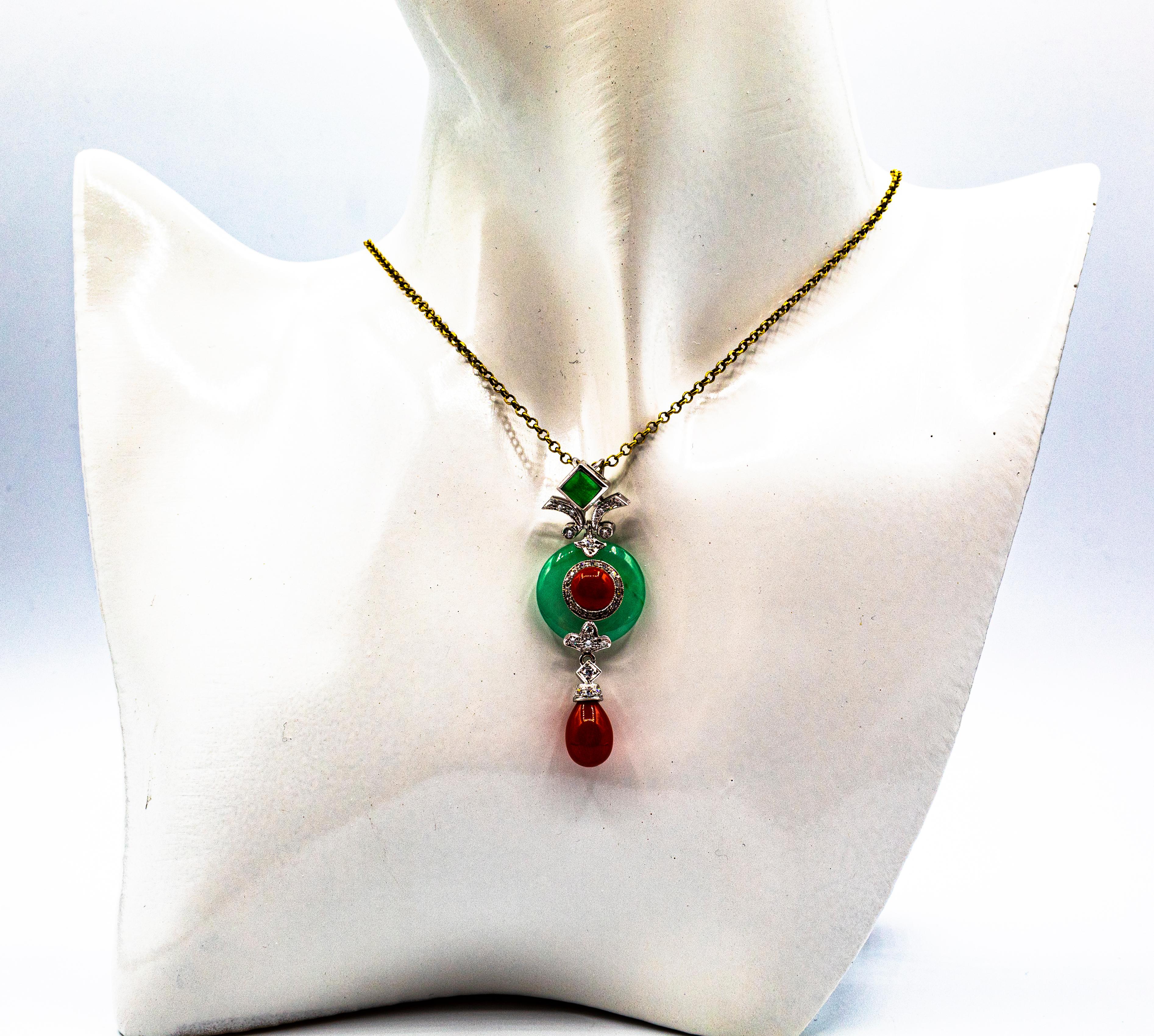 Art Deco Style Sardinia Red Coral White Diamond Jade White Gold Pendant Necklace 3