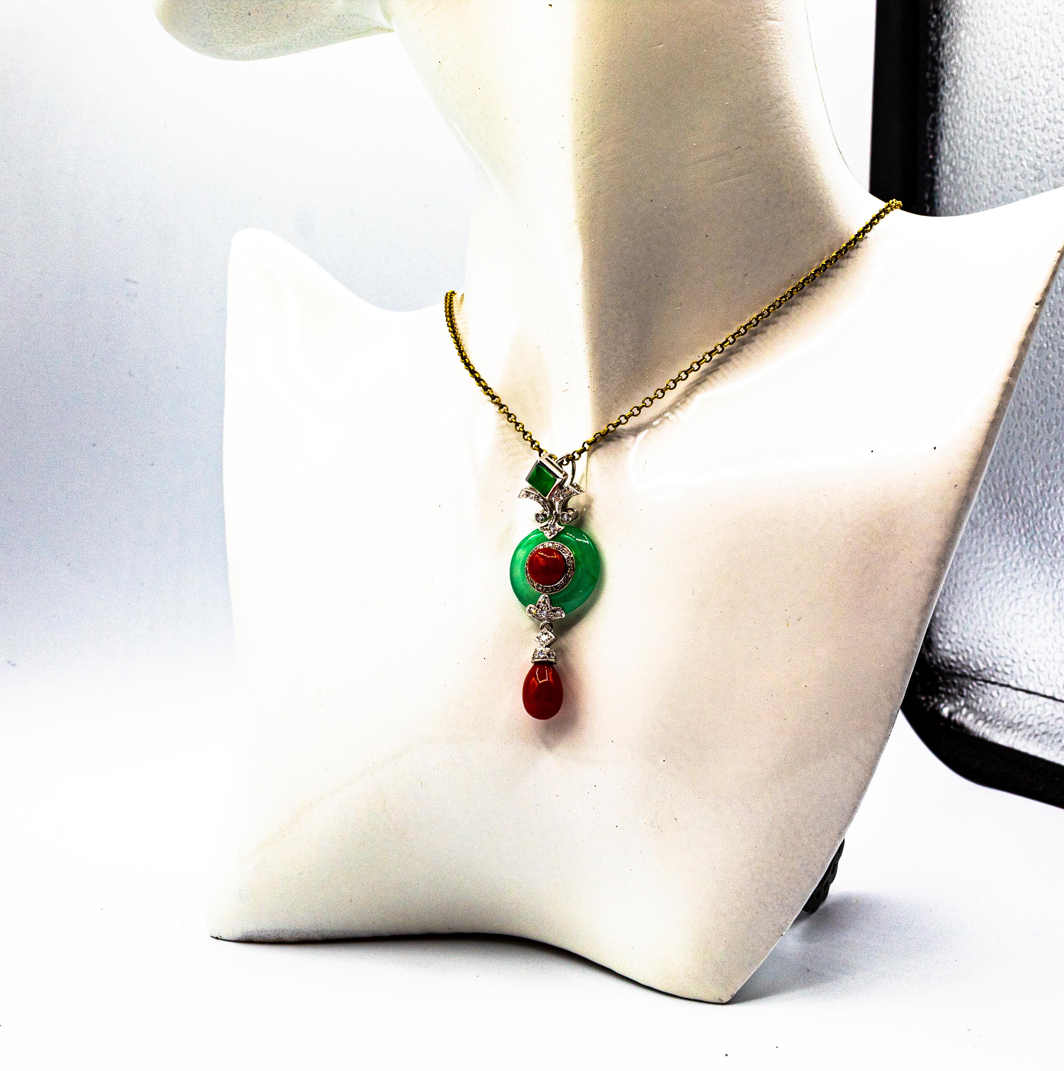 Art Deco Style Sardinia Red Coral White Diamond Jade White Gold Pendant Necklace 4