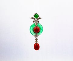 Art Deco Style Sardinia Red Coral White Diamond Jade White Gold Pendant Necklace