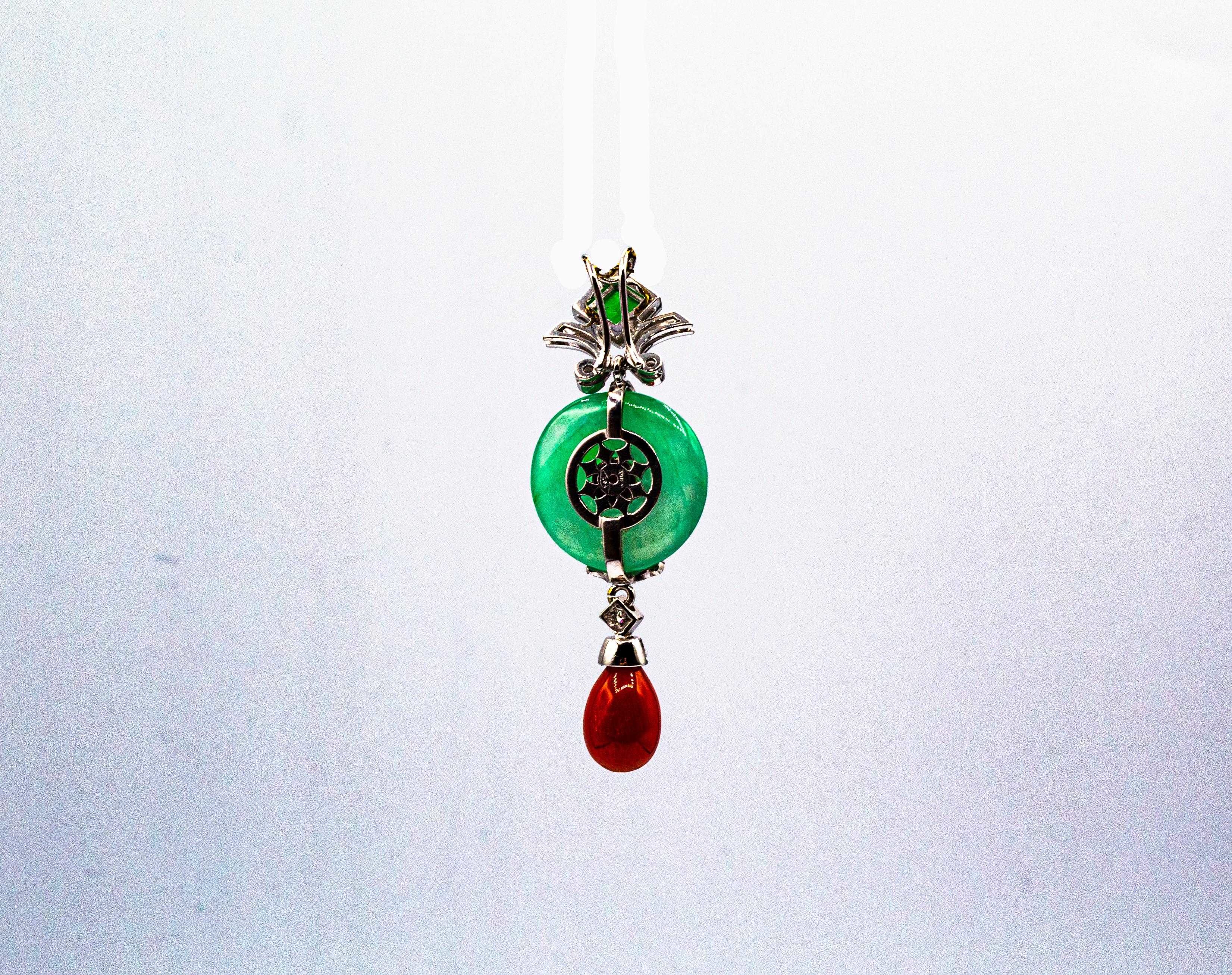 Collana con ciondolo in oro bianco in stile Art Déco Sardegna, corallo rosso e diamante bianco di giada 2