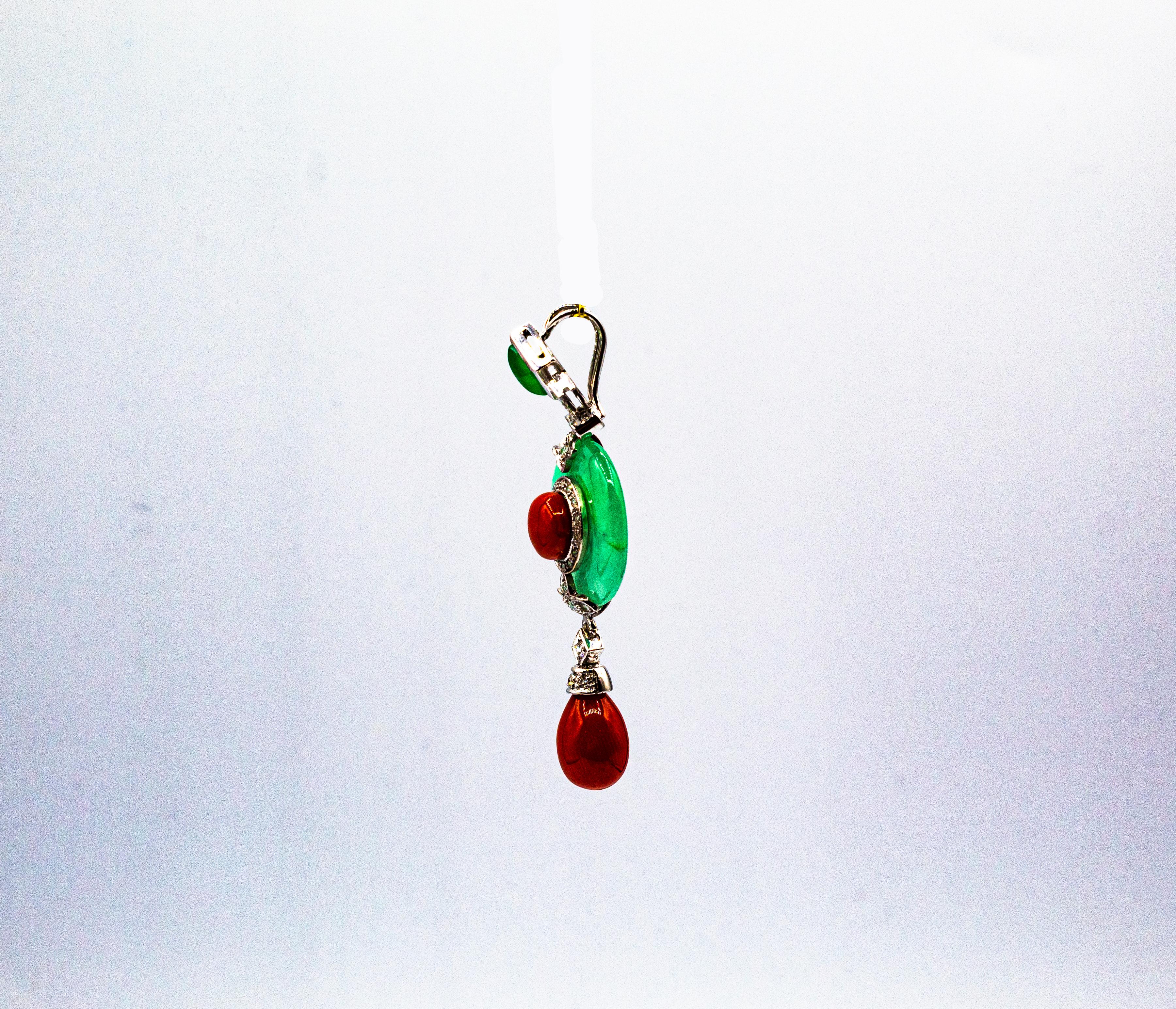 Collana con ciondolo in oro bianco in stile Art Déco Sardegna, corallo rosso e diamante bianco di giada 4