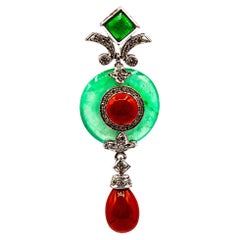 Art Deco Style Sardinia Red Coral White Diamond Jade White Gold Pendant Necklace