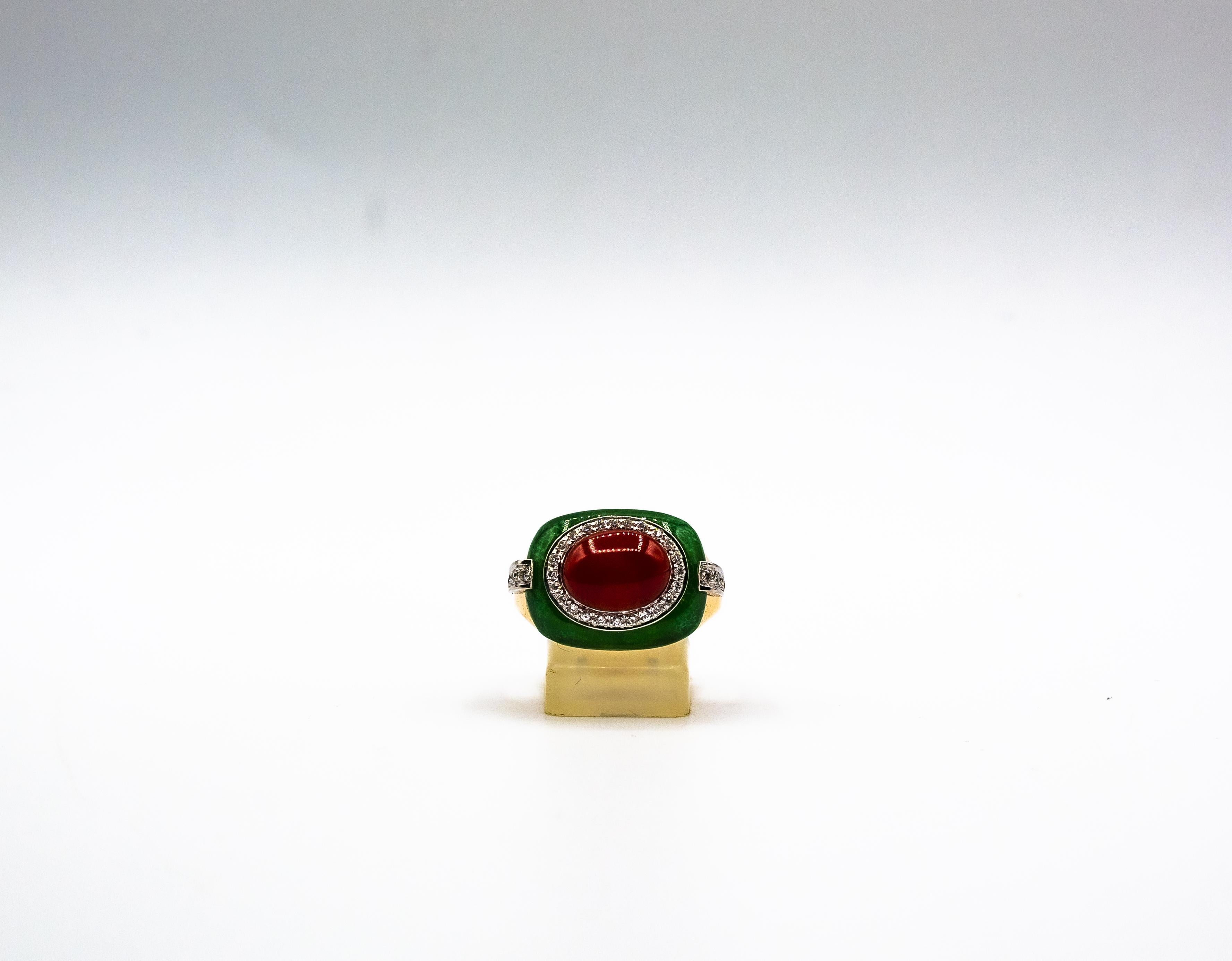 Art Deco Style Sardinia Red Coral White Diamond Jade Yellow Gold Cocktail Ring For Sale 5