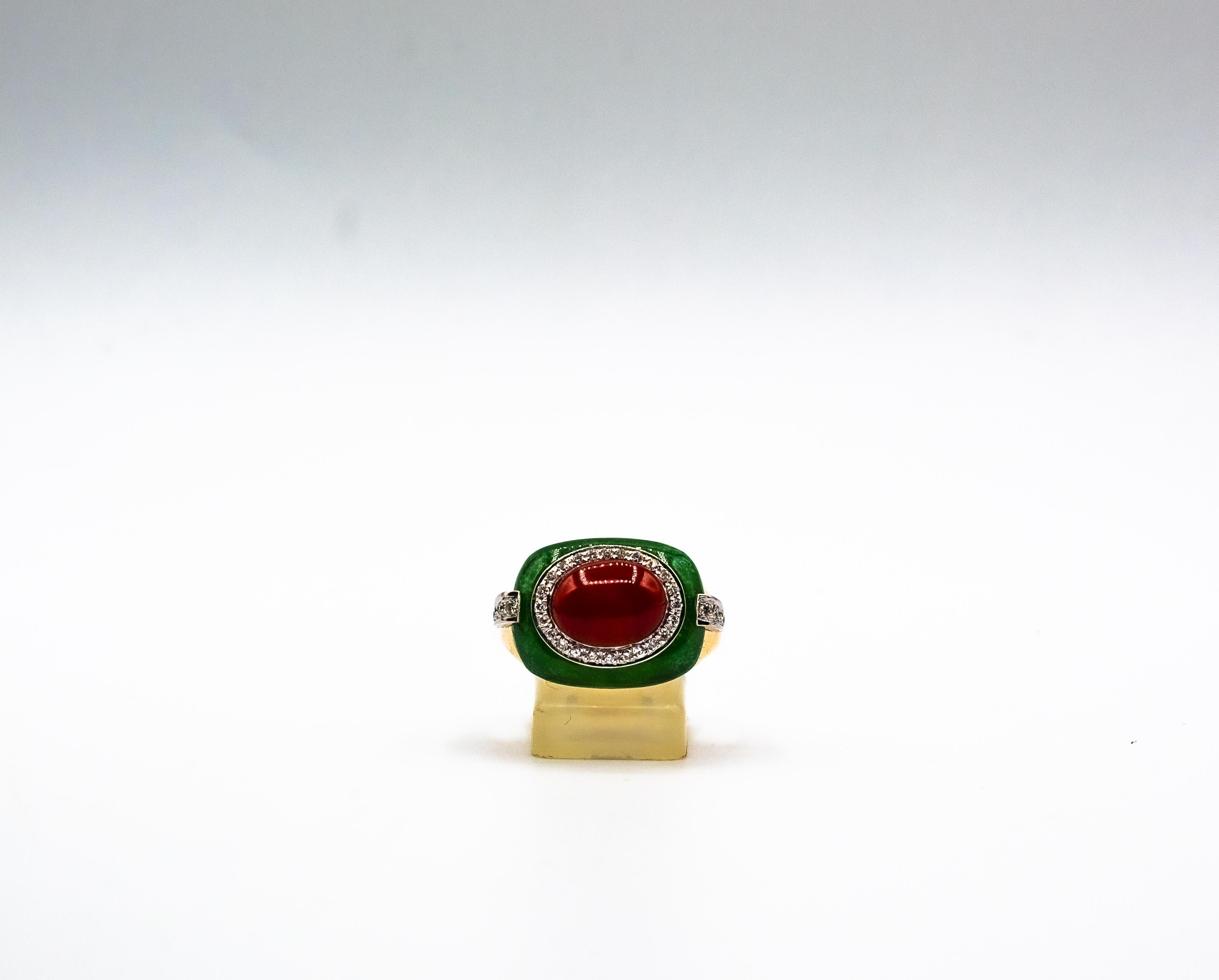 Art Deco Style Sardinia Red Coral White Diamond Jade Yellow Gold Cocktail Ring For Sale 5