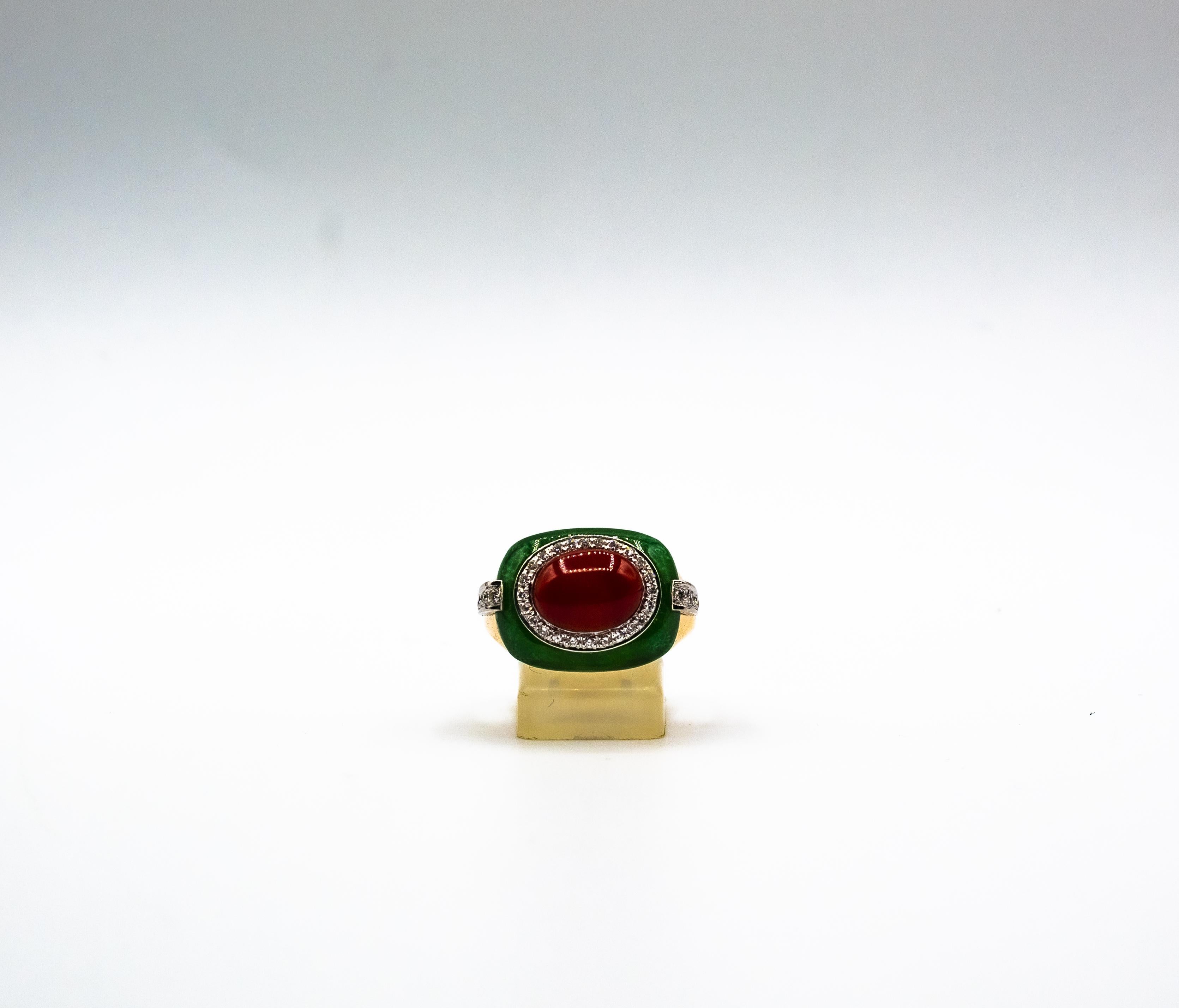 Art Deco Style Sardinia Red Coral White Diamond Jade Yellow Gold Cocktail Ring For Sale 6