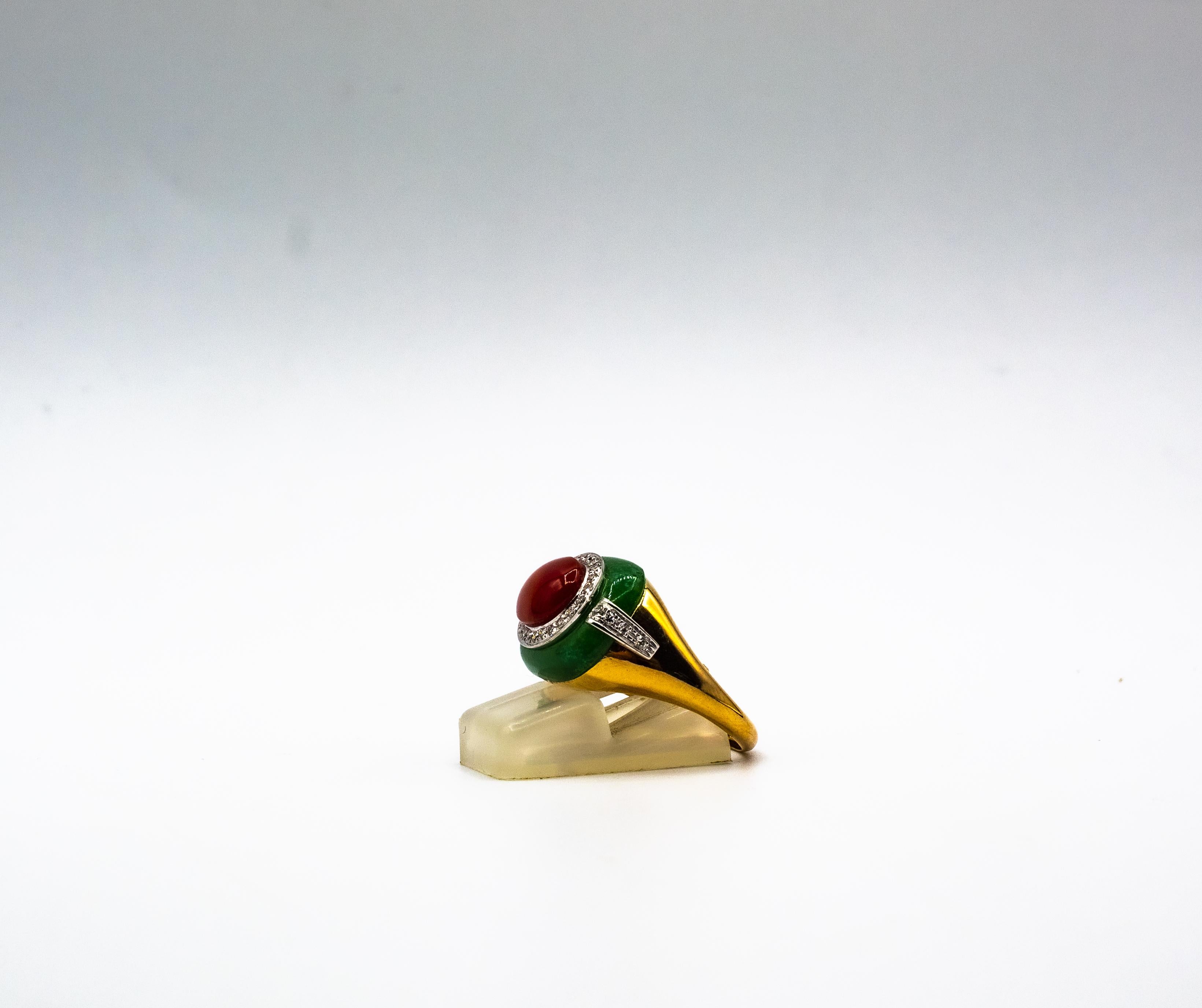 Art Deco Style Sardinia Red Coral White Diamond Jade Yellow Gold Cocktail Ring For Sale 8