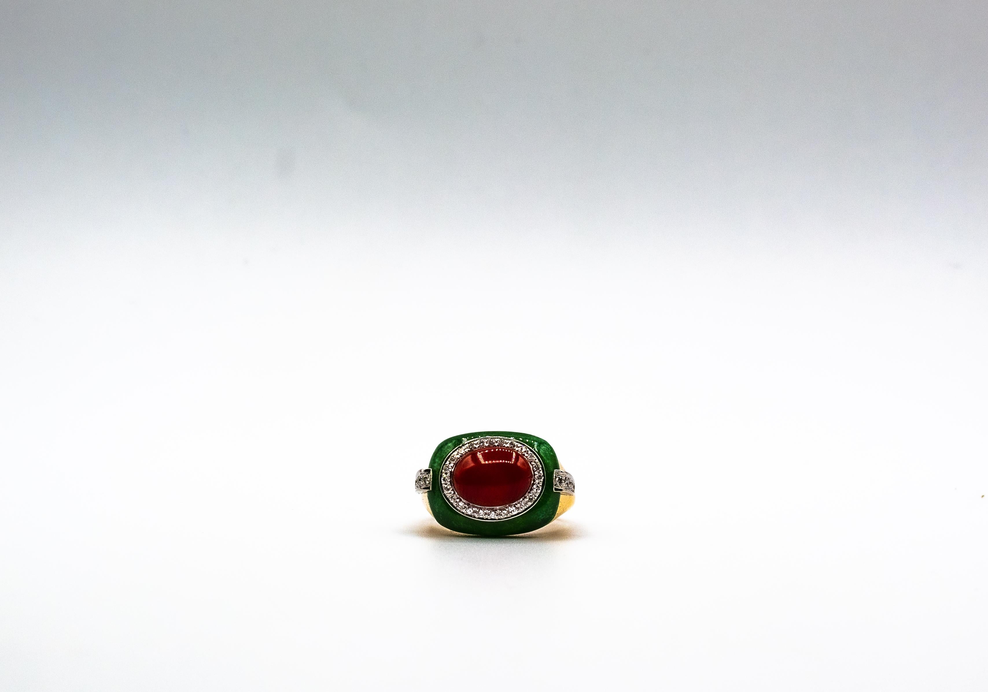 Art Deco Style Sardinia Red Coral White Diamond Jade Yellow Gold Cocktail Ring For Sale 9