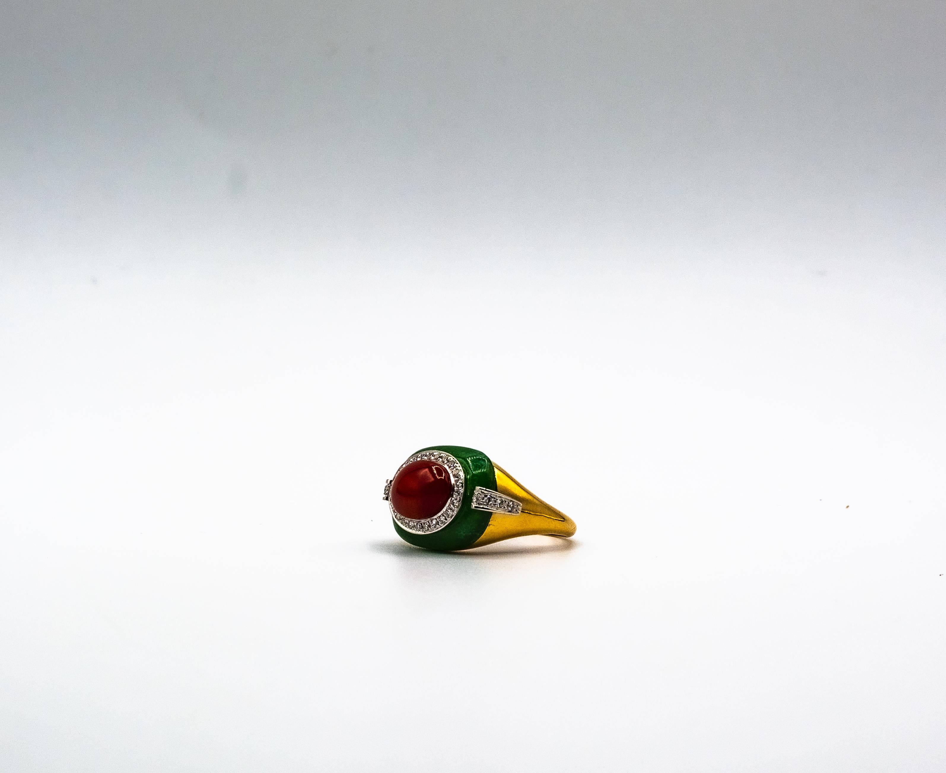 Art Deco Style Sardinia Red Coral White Diamond Jade Yellow Gold Cocktail Ring For Sale 9