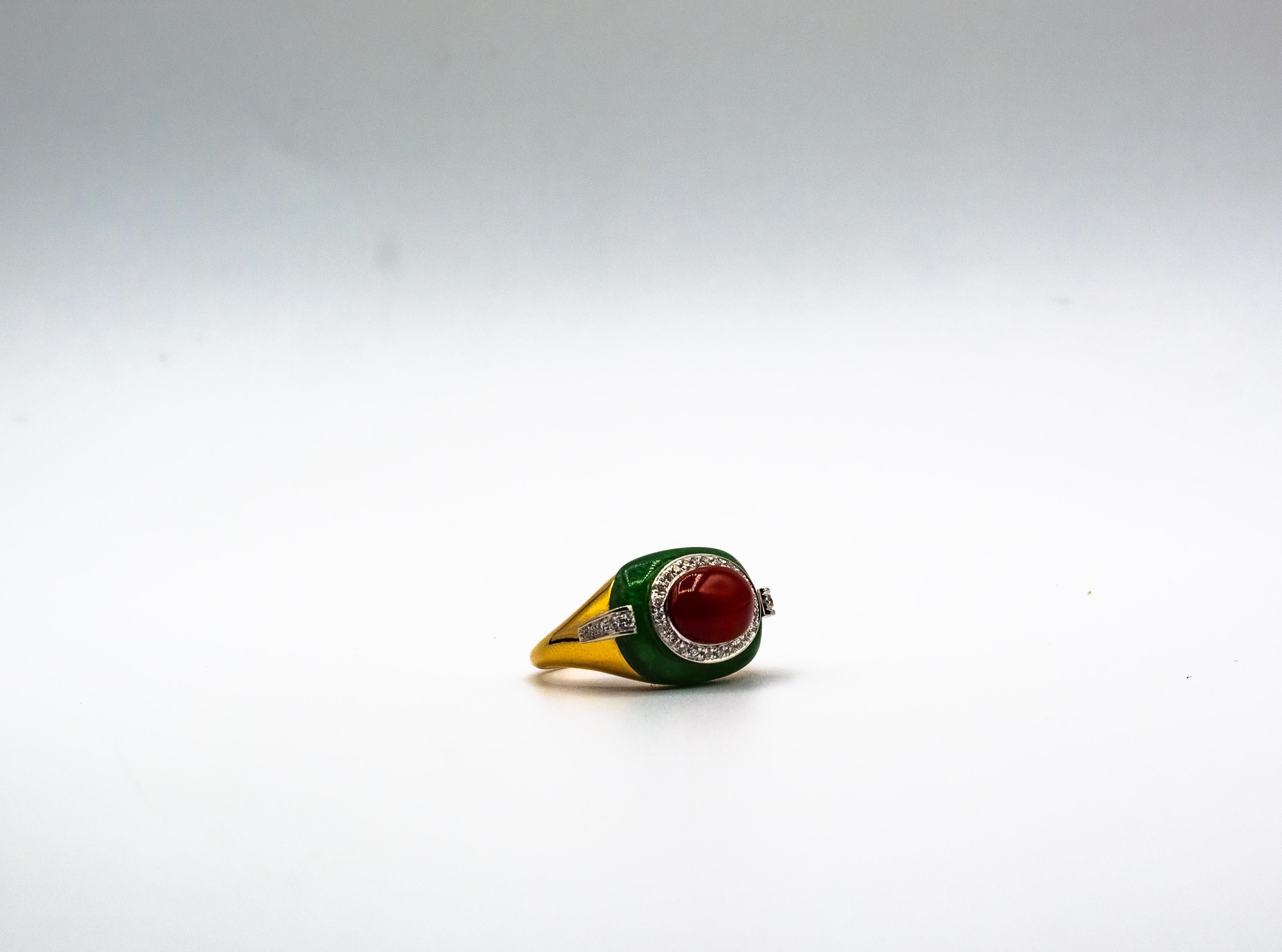 Art Deco Style Sardinia Red Coral White Diamond Jade Yellow Gold Cocktail Ring For Sale 12