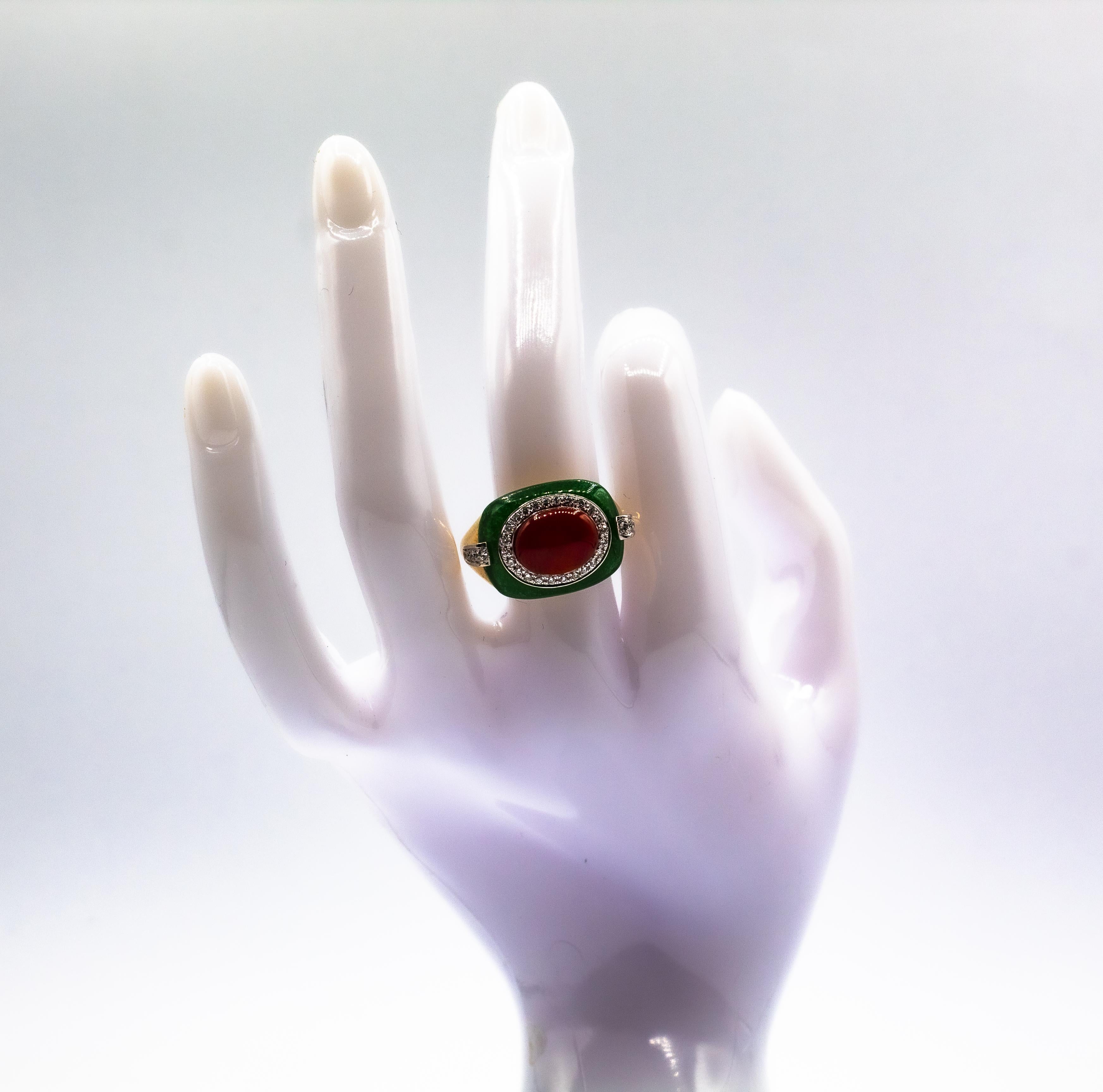 Art Deco Style Sardinia Red Coral White Diamond Jade Yellow Gold Cocktail Ring For Sale 13