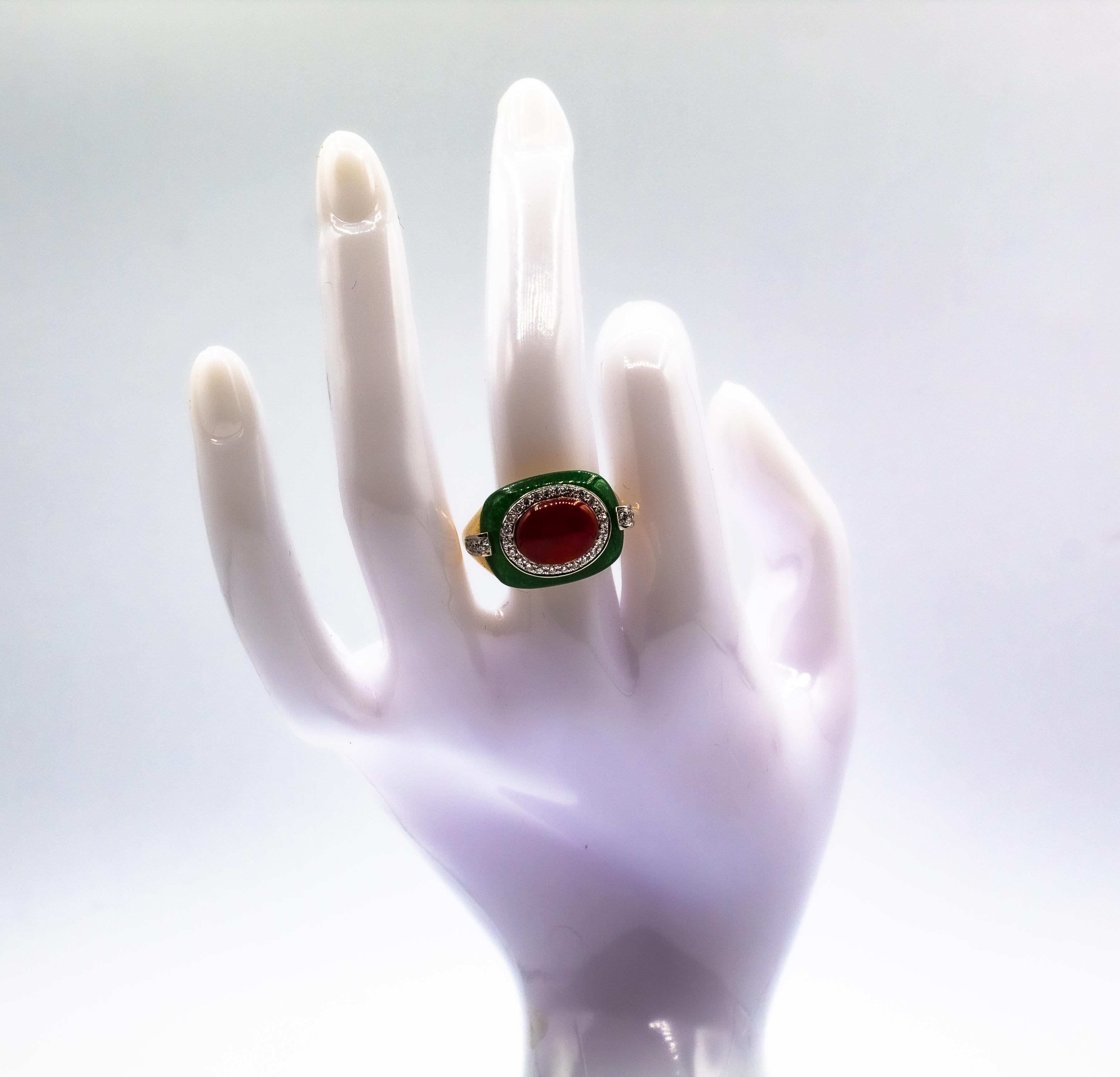 Art Deco Style Sardinia Red Coral White Diamond Jade Yellow Gold Cocktail Ring For Sale 14