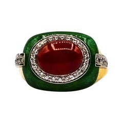Art Deco Style Sardinia Red Coral White Diamond Jade Yellow Gold Cocktail Ring